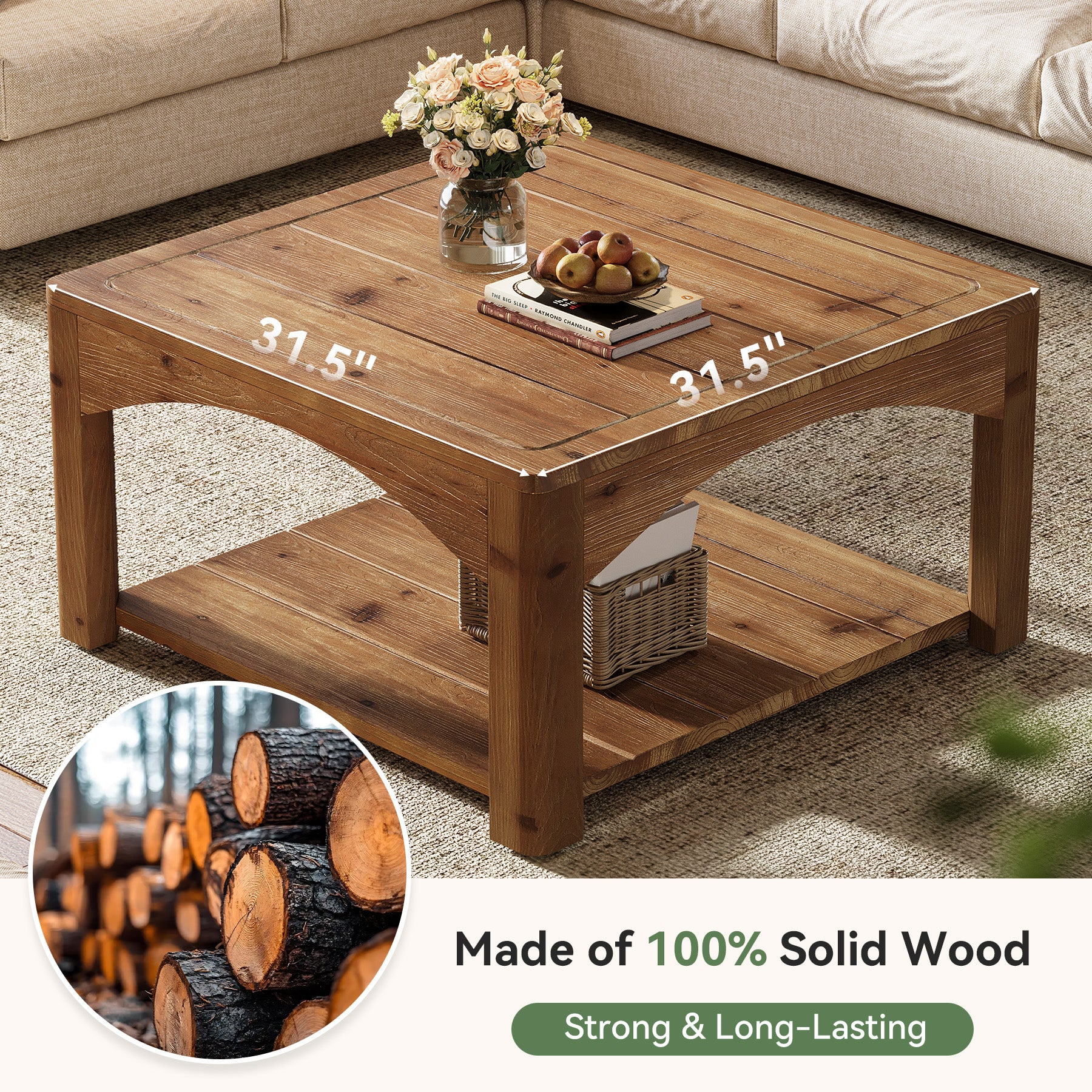 31.5" Square Coffee Table, Solid Wood 2-Tier Center Table for Living Room - Image 5
