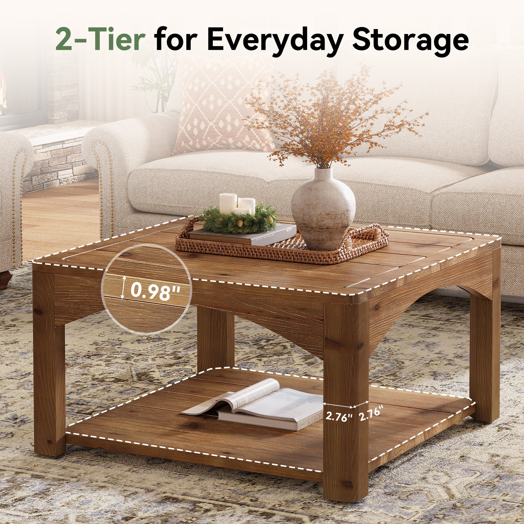 31.5" Square Coffee Table, Solid Wood 2-Tier Center Table for Living Room - Image 6