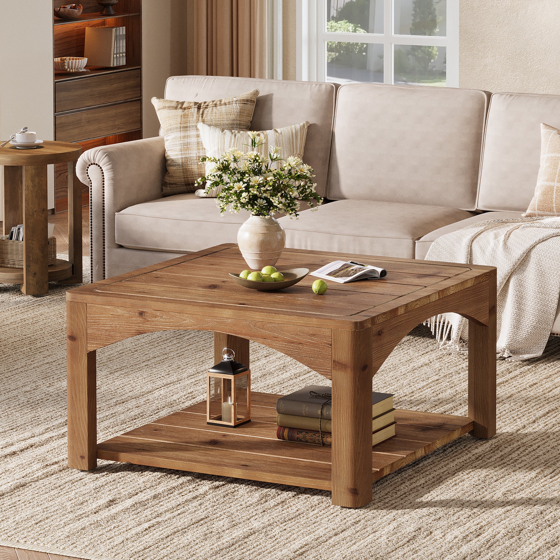 31.5" Square Coffee Table, Solid Wood 2-Tier Center Table for Living Room - Image 7