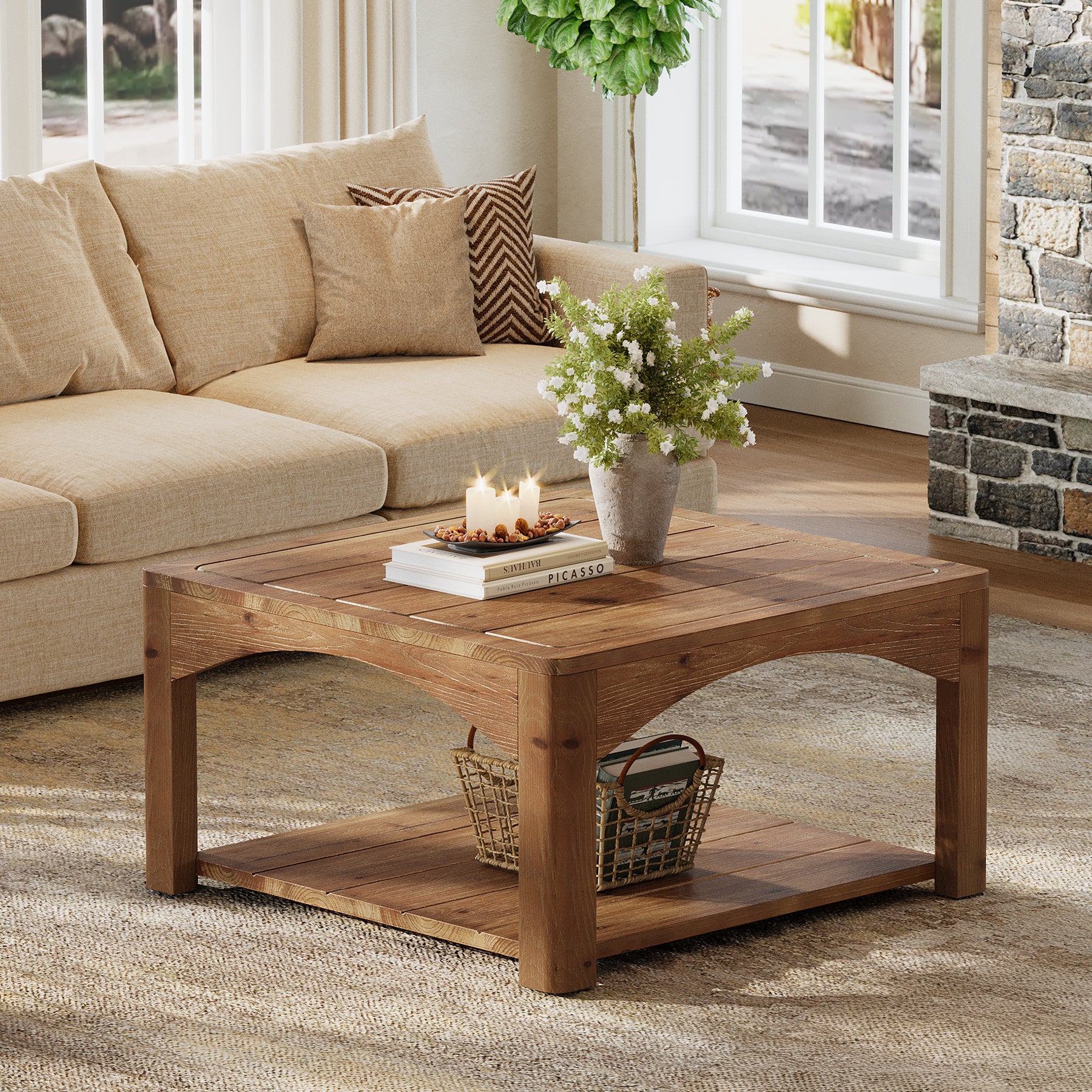 31.5" Square Coffee Table, Solid Wood 2-Tier Center Table for Living Room - Image 8
