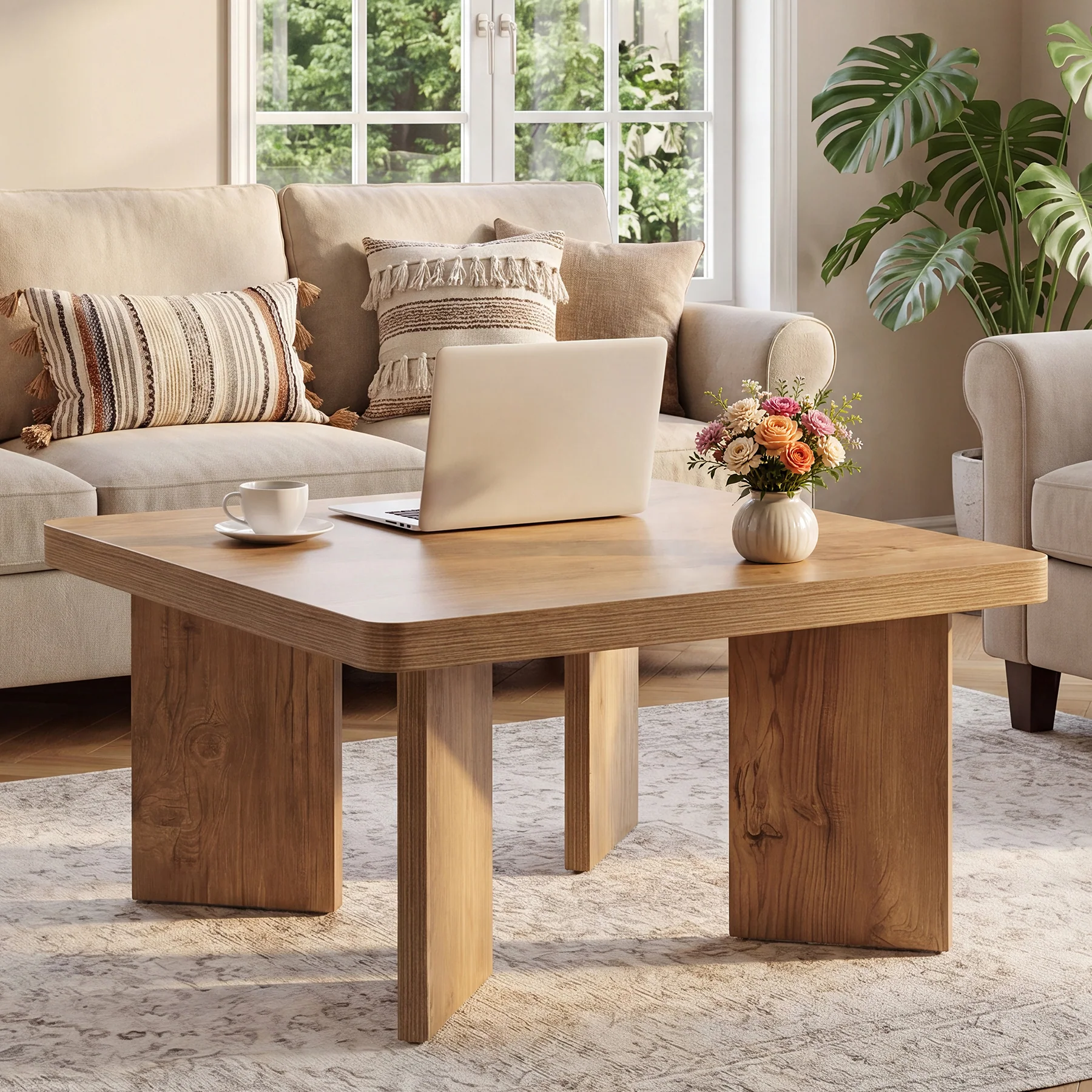 Tribesigns 31.5-Inch Farmhouse Coffee Table with Thickened Tabletop, Square Wood Center Table for Small Spaces
