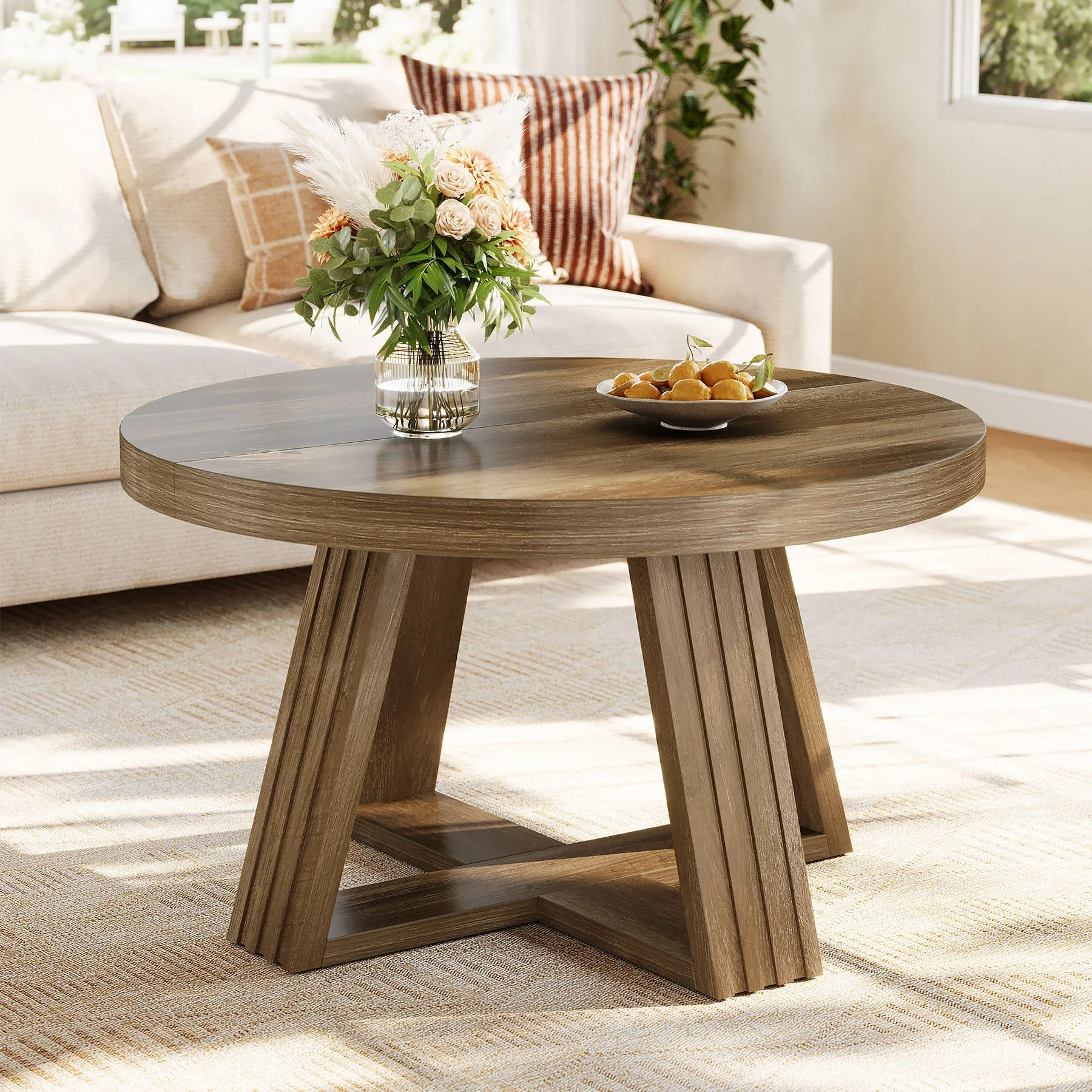 31.5" Round Coffee Table, Farmhouse Center Table with Solid Tabletop for Living Room