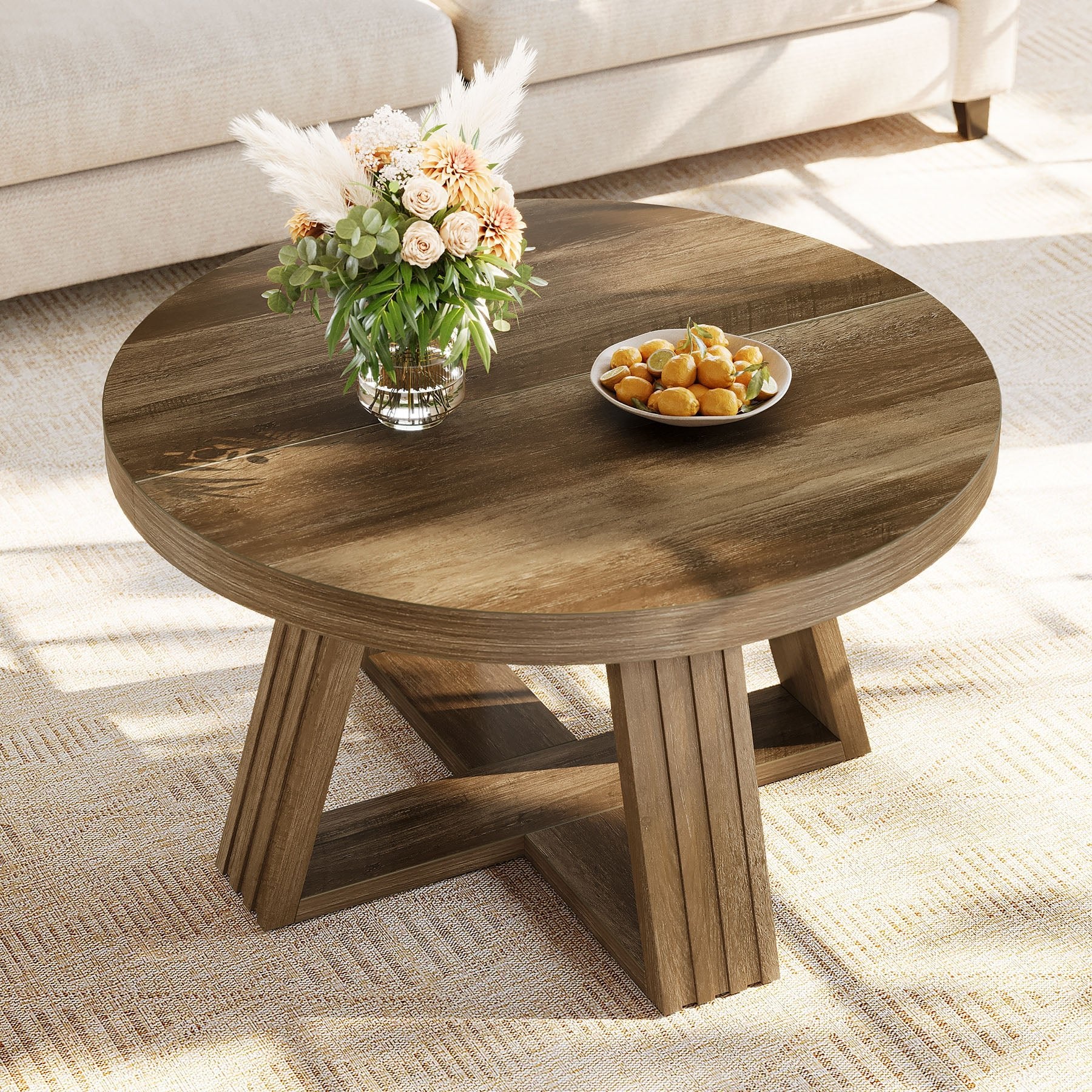 31.5" Round Coffee Table, Farmhouse Center Table with Solid Tabletop for Living Room - Image 3