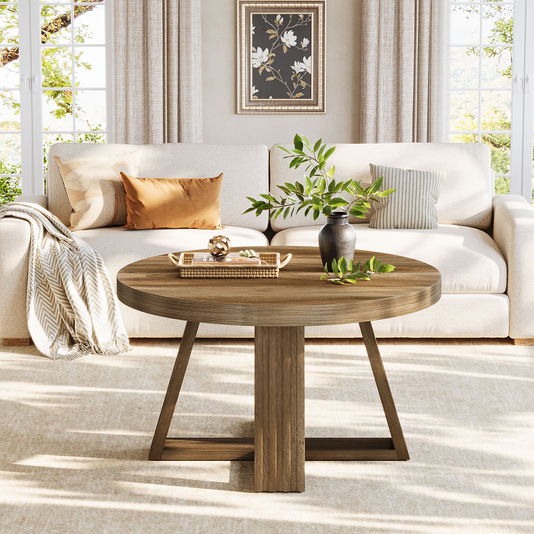 31.5" Round Coffee Table, Farmhouse Center Table with Solid Tabletop for Living Room - Image 4