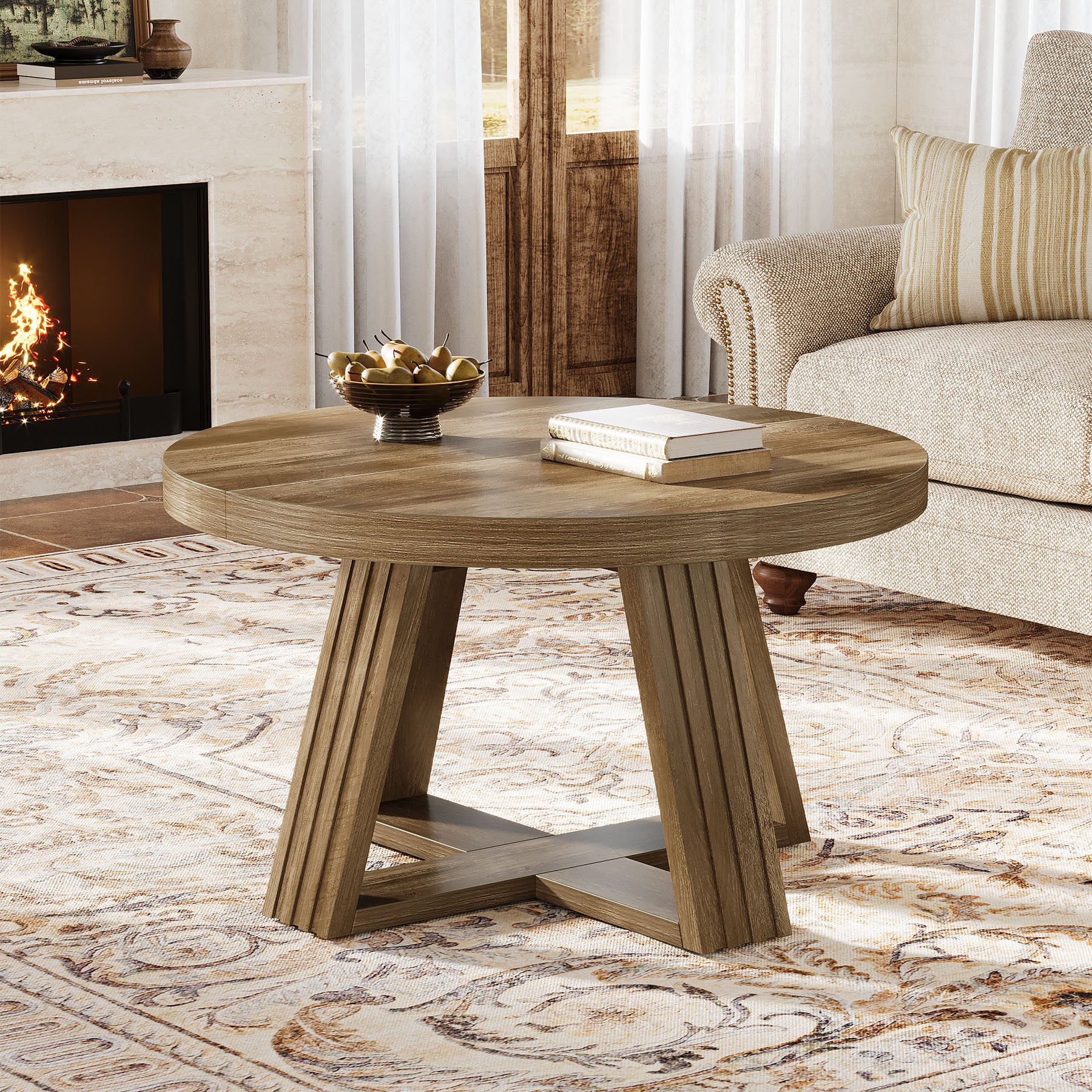 31.5" Round Coffee Table, Farmhouse Center Table with Solid Tabletop for Living Room - Image 5