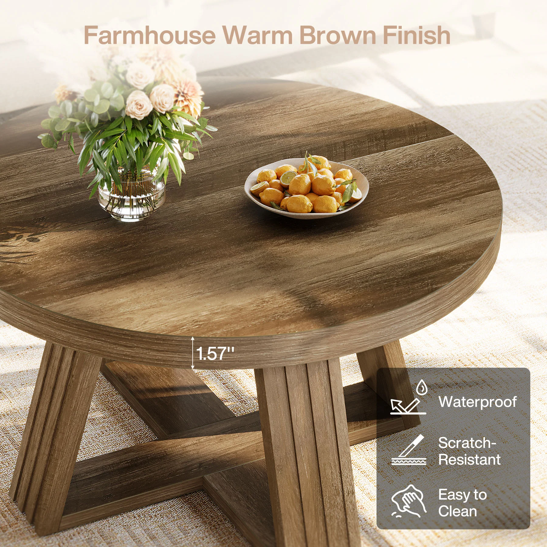 31.5" Round Coffee Table, Farmhouse Center Table with Solid Tabletop for Living Room - Image 6