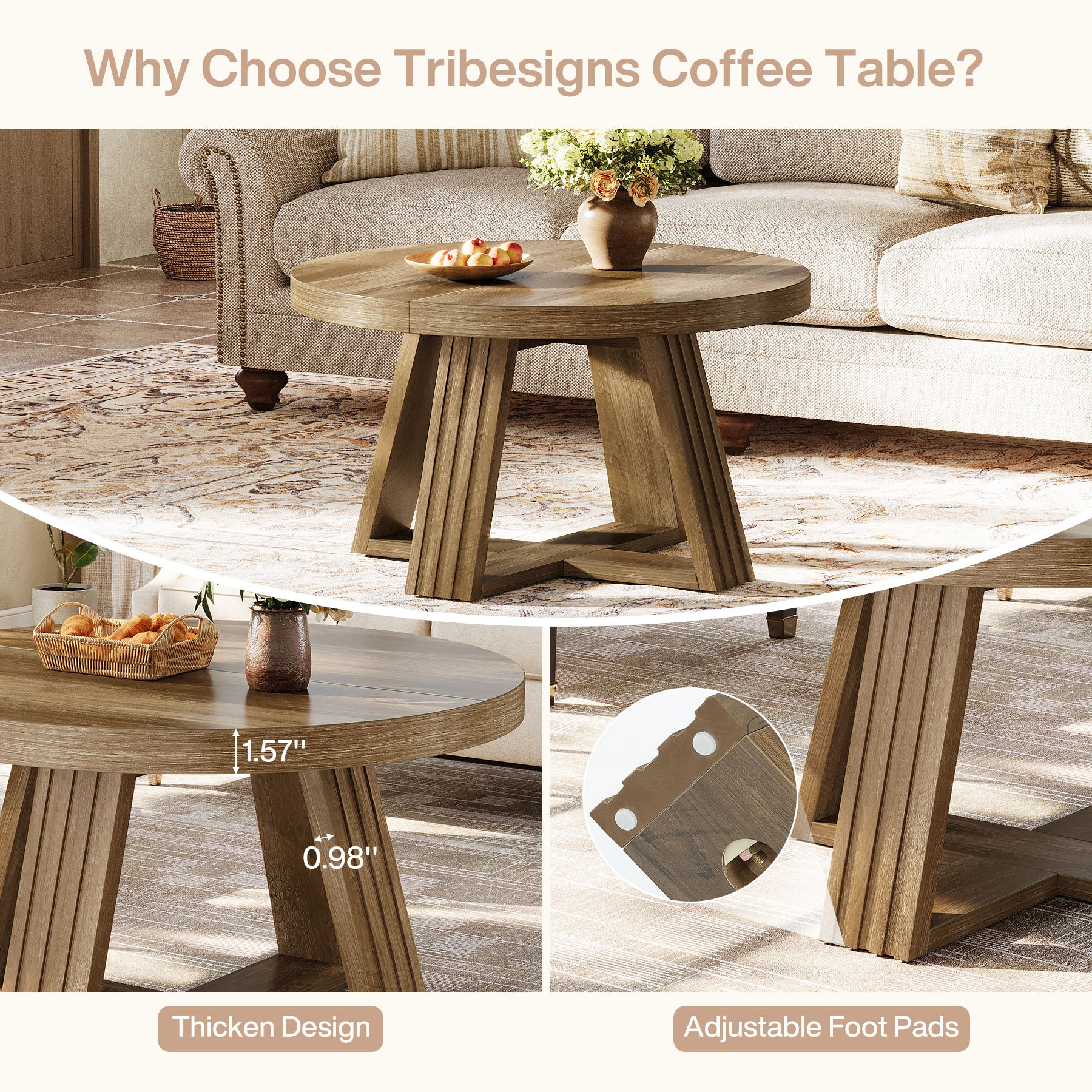 31.5" Round Coffee Table, Farmhouse Center Table with Solid Tabletop for Living Room - Image 7