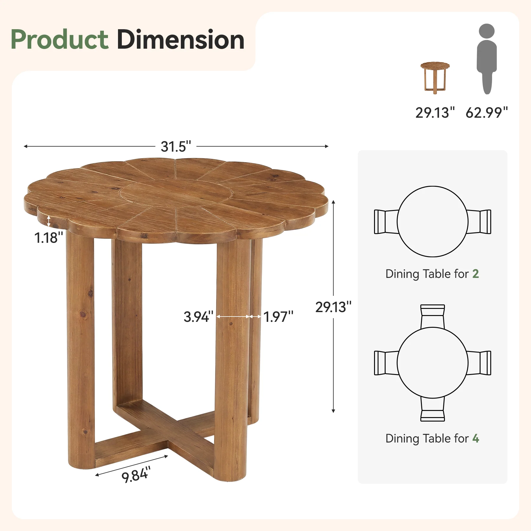 31.5" Solid Wood Round Dining Table,  Farmhouse Kitchen Table for 2-4 - Image 2