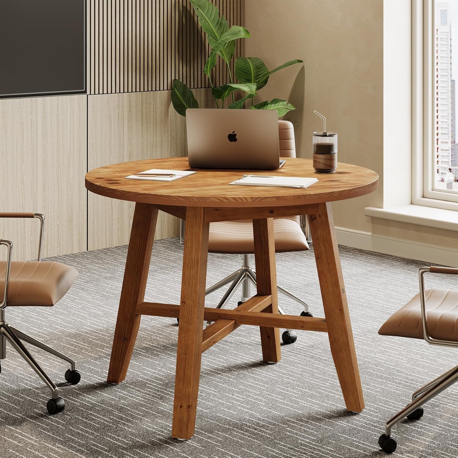 31.5" Solid Wood Conference Table, Small Round Office Table for 2-4