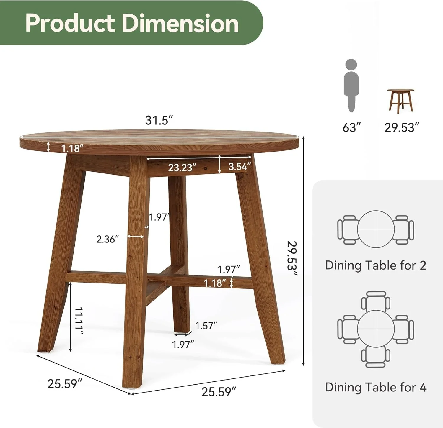 31.5" Solid Wood Conference Table, Small Round Office Table for 2-4 - Image 2