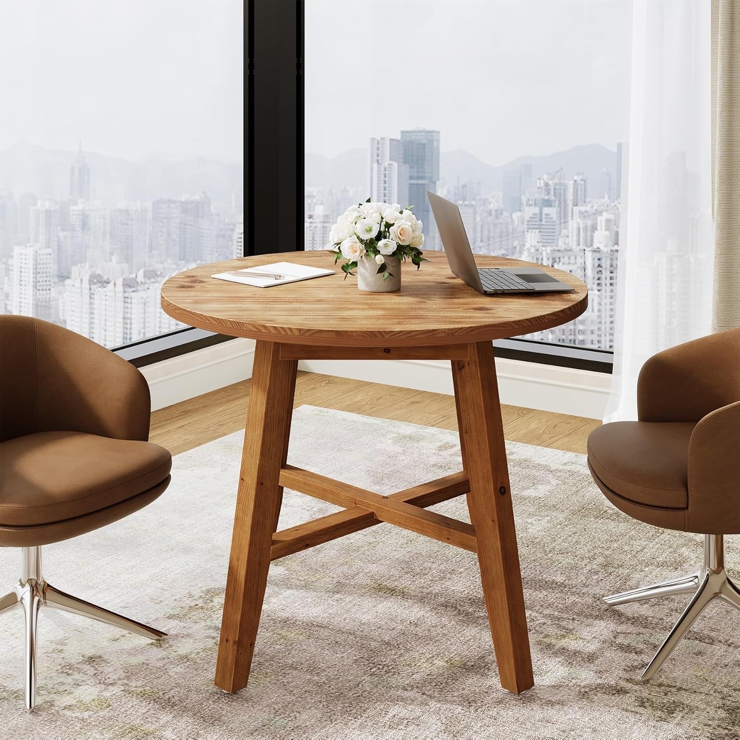31.5" Solid Wood Conference Table, Small Round Office Table for 2-4 - Image 6