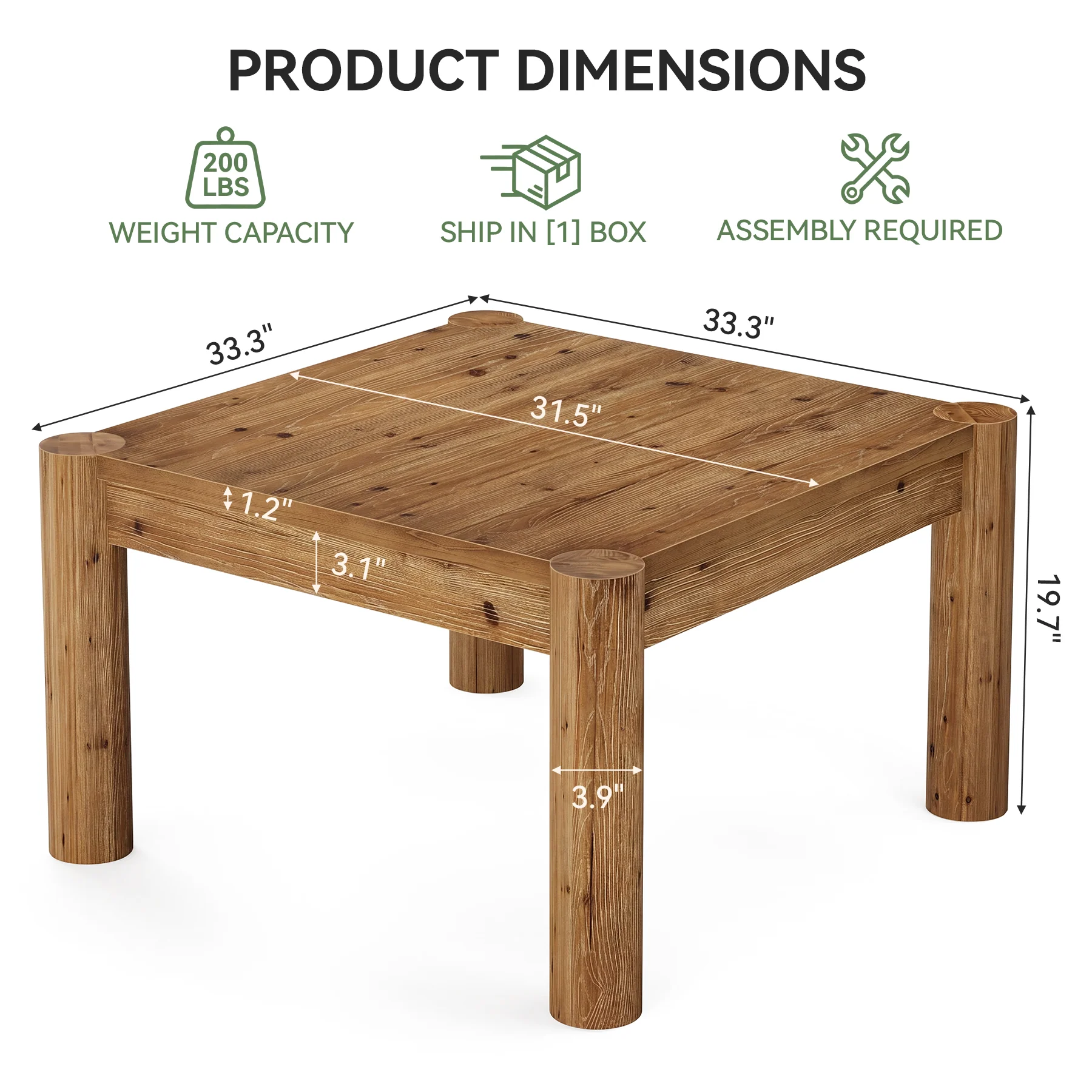 31.5" Square Coffee Table, Solid Wood Center Table Accent Cocktail Table - Image 2