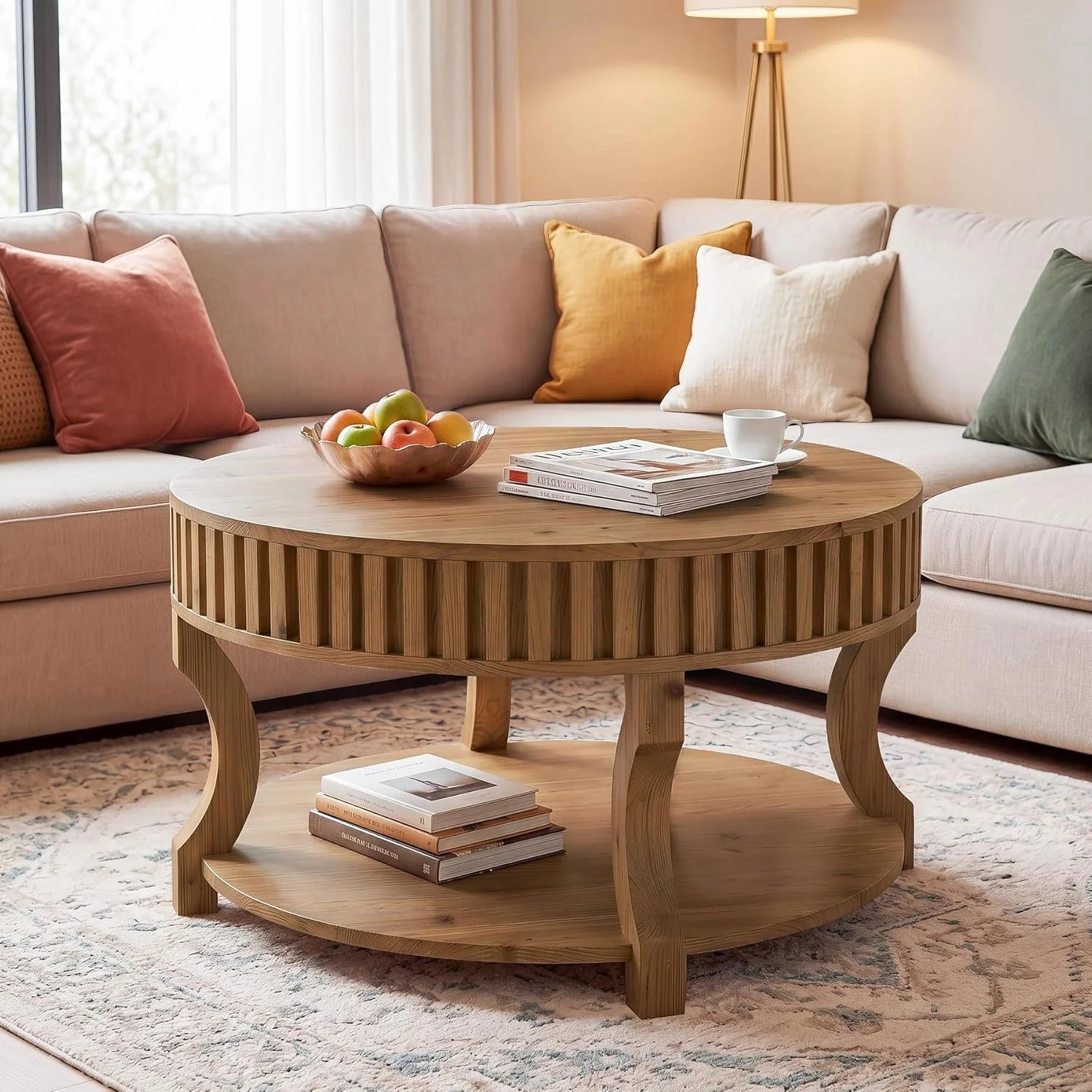 31.5" Round Coffee Table, Farmhouse 2-Tier Center Table with Storage for Living Room