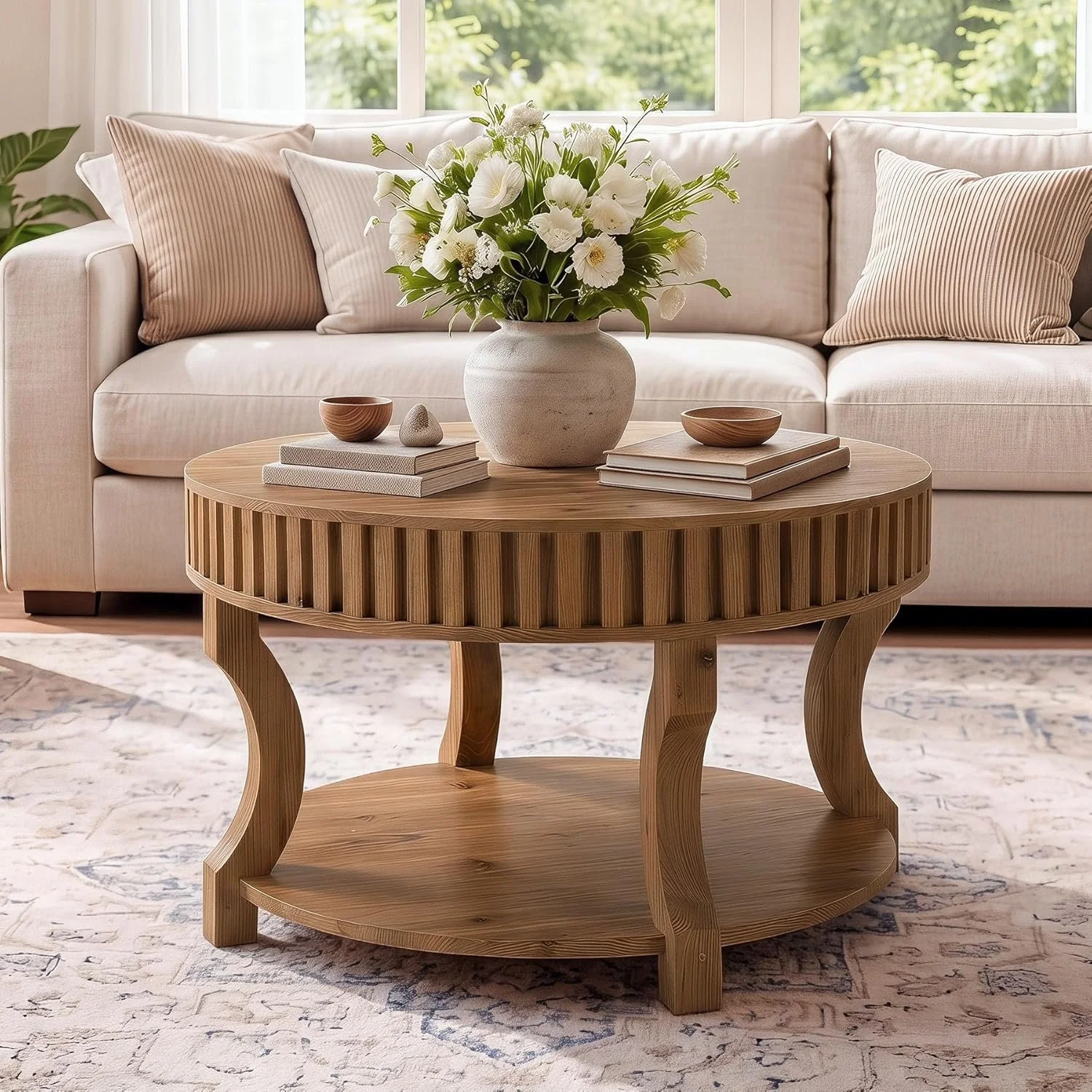 31.5" Round Coffee Table, Farmhouse 2-Tier Center Table with Storage for Living Room - Image 5