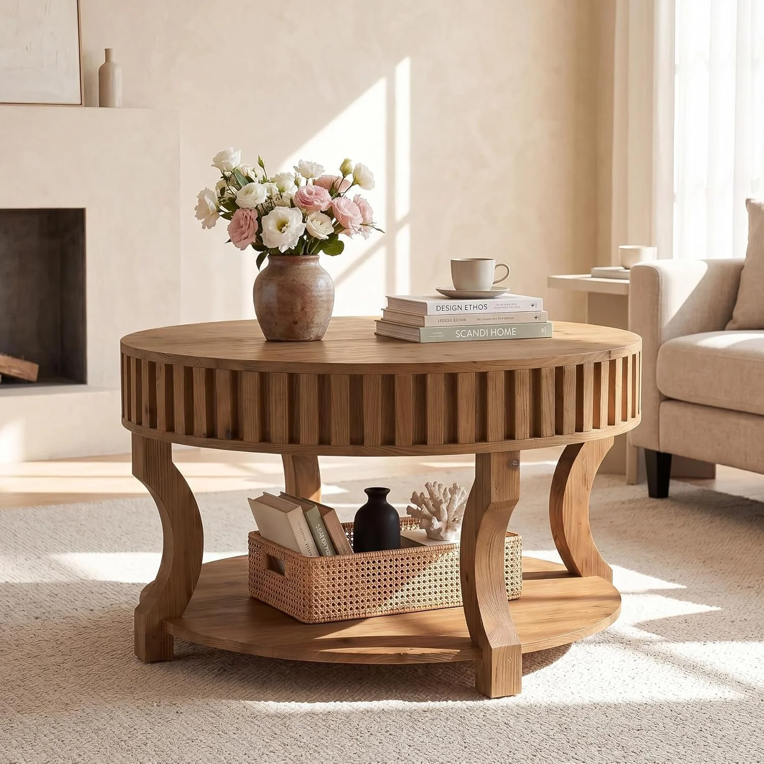 31.5" Round Coffee Table, Farmhouse 2-Tier Center Table with Storage for Living Room - Image 6