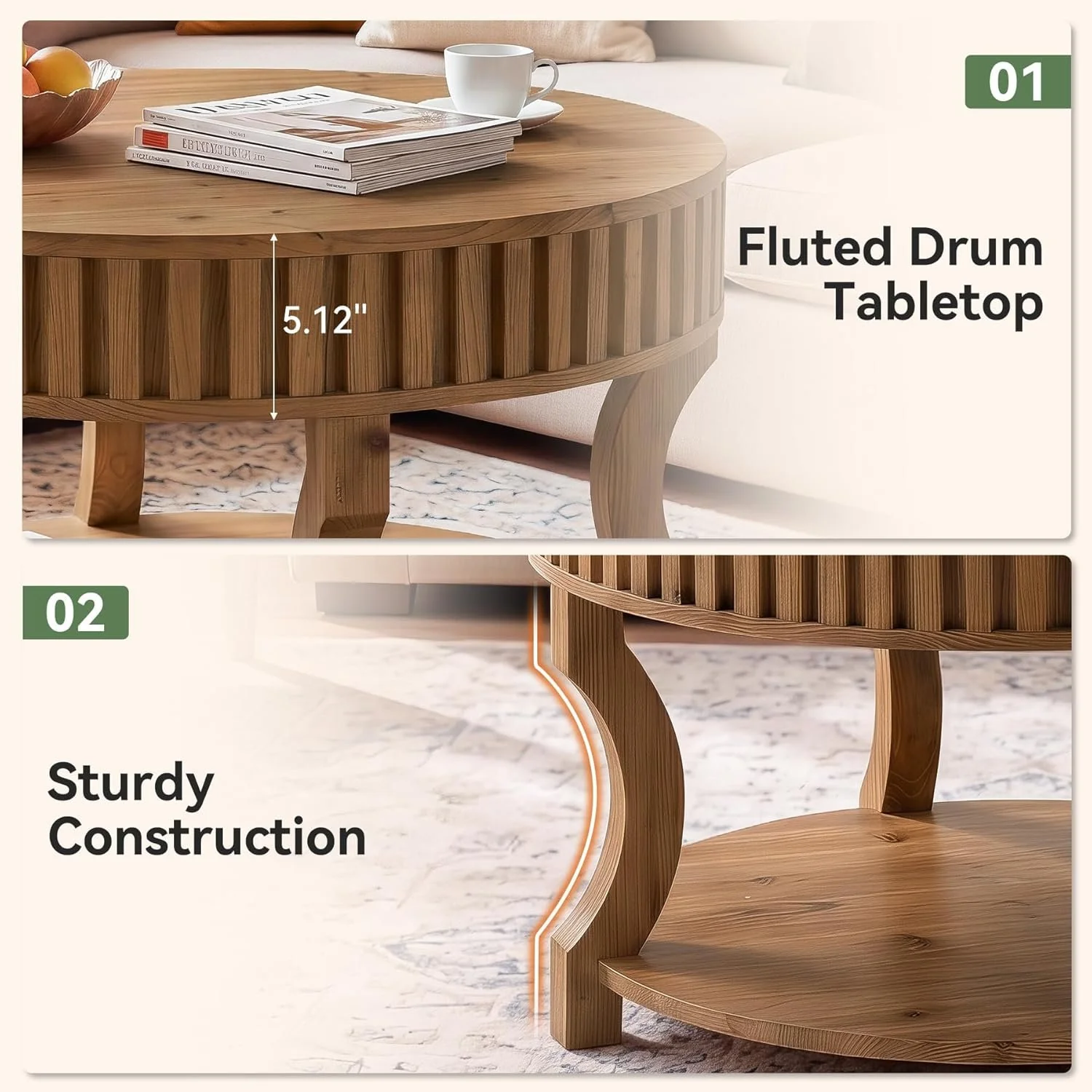 31.5" Round Coffee Table, Farmhouse 2-Tier Center Table with Storage for Living Room - Image 8