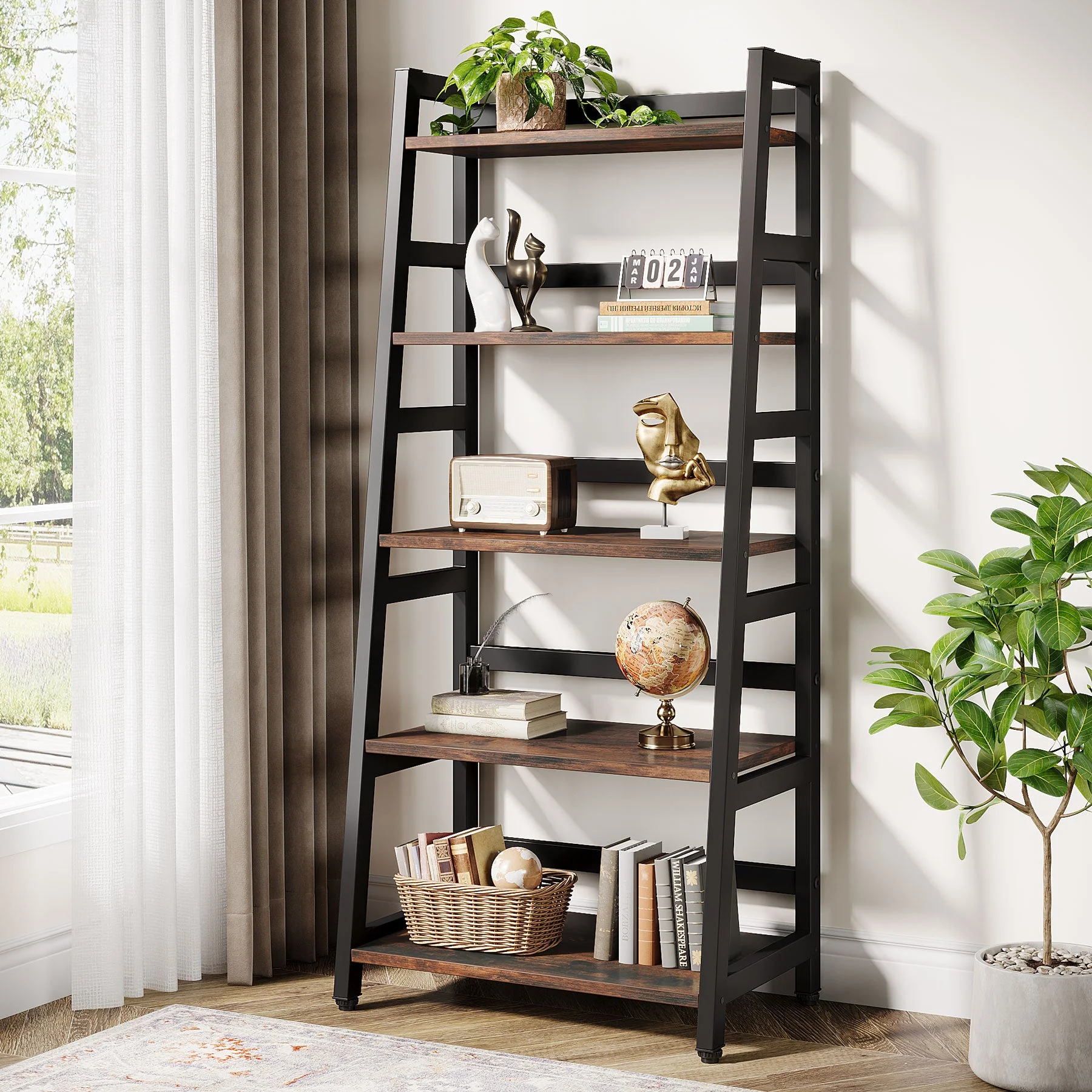 5-Tier Bookshelf, Ladder Bookcase Etagere Storage Shelf - Image 3