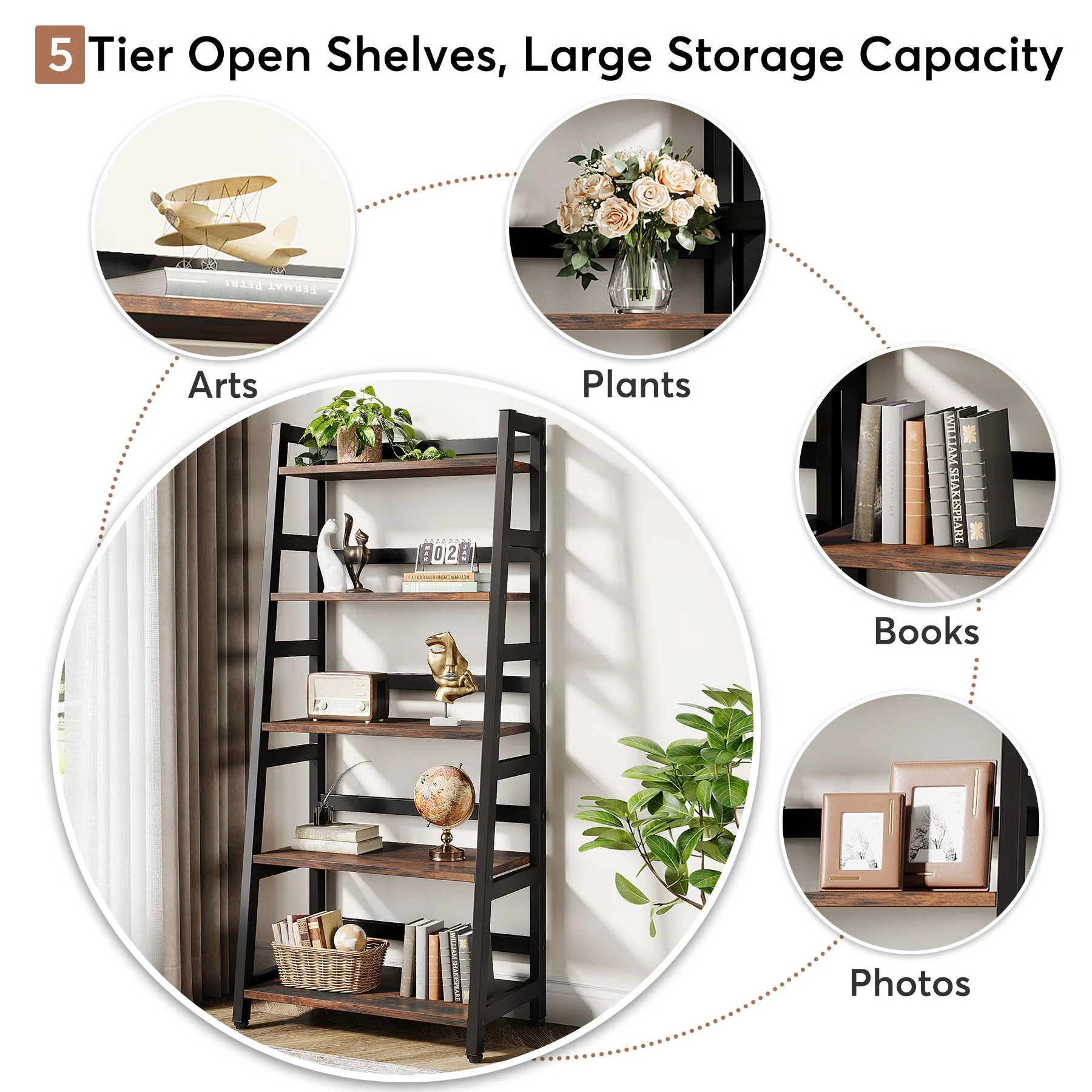 5-Tier Bookshelf, Ladder Bookcase Etagere Storage Shelf - Image 7