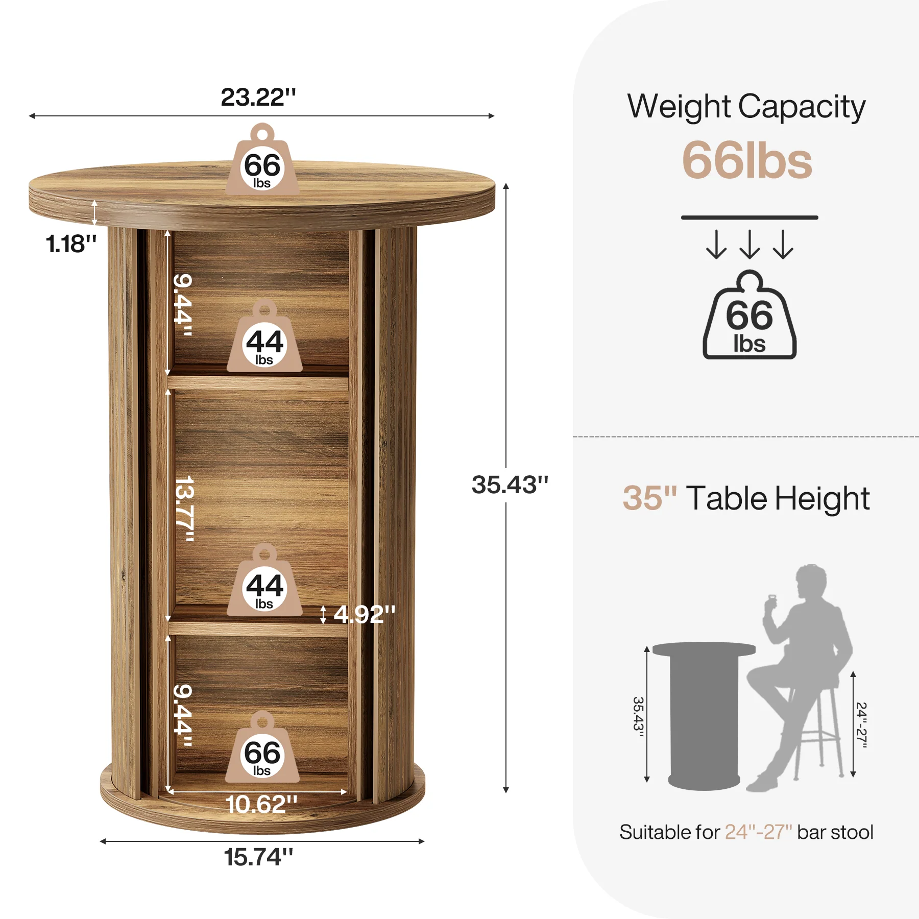 35.4" Round Bar Table, High Top Pub Table with 3-Tier Hidden Storage Shelves - Image 2