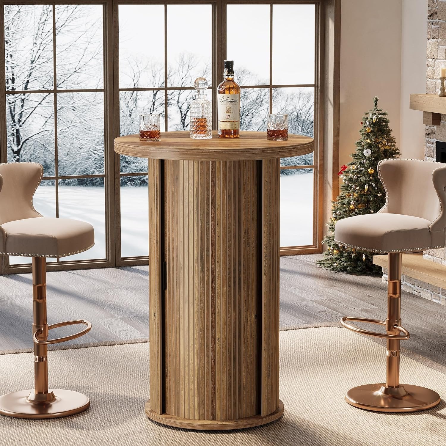 35.4" Round Bar Table, High Top Pub Table with 3-Tier Hidden Storage Shelves - Image 3