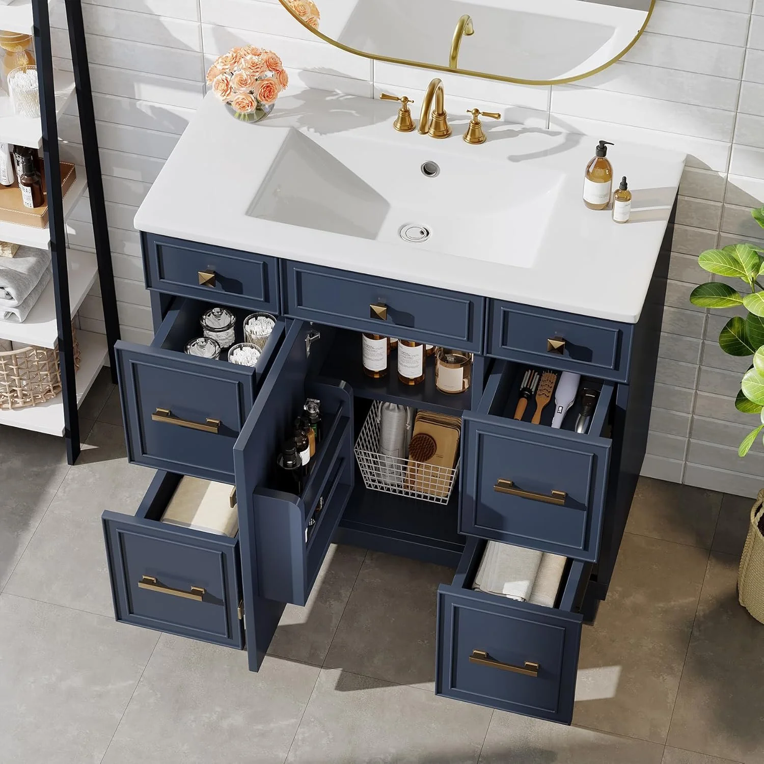 35" Bathroom Vanity with Sink, Modern Solid Wood Bathroom Cabinet with 4 Drawers - Image 3