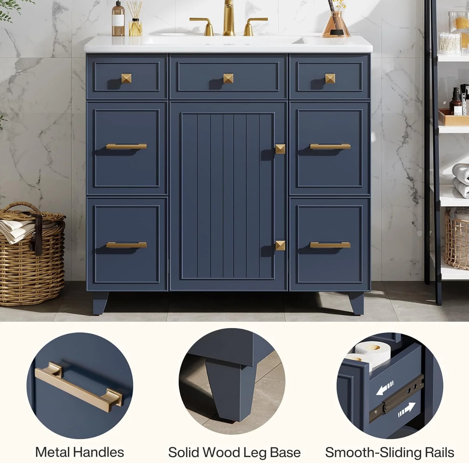 35" Bathroom Vanity with Sink, Modern Solid Wood Bathroom Cabinet with 4 Drawers - Image 5