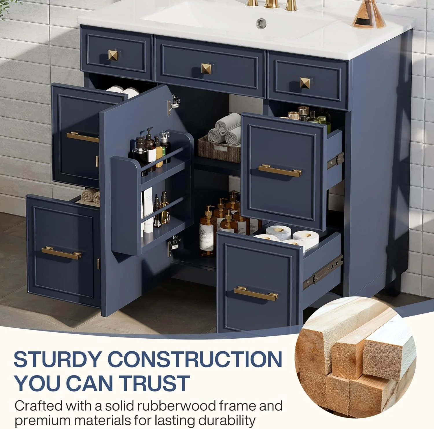 35" Bathroom Vanity with Sink, Modern Solid Wood Bathroom Cabinet with 4 Drawers - Image 7