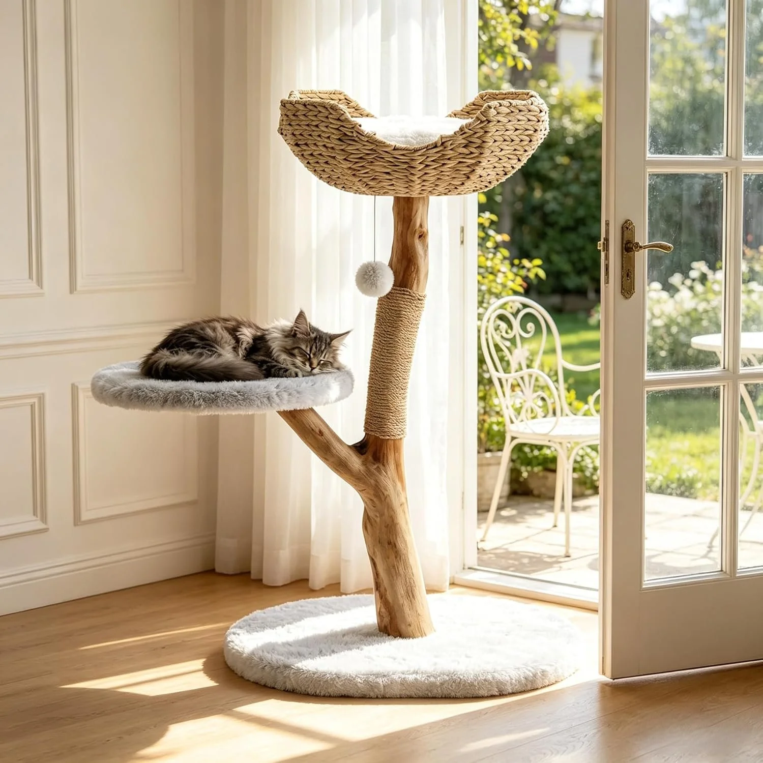 35" Tall Solid Wood Cat Tree, Boho Cat Tower with Cat Ear Wicker Basket Bed with Real Branch Design - Image 3