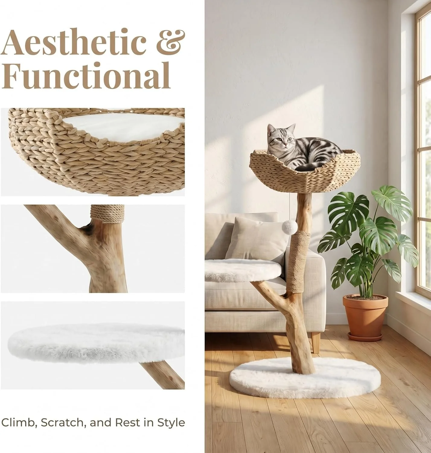 35" Tall Solid Wood Cat Tree, Boho Cat Tower with Cat Ear Wicker Basket Bed with Real Branch Design - Image 4