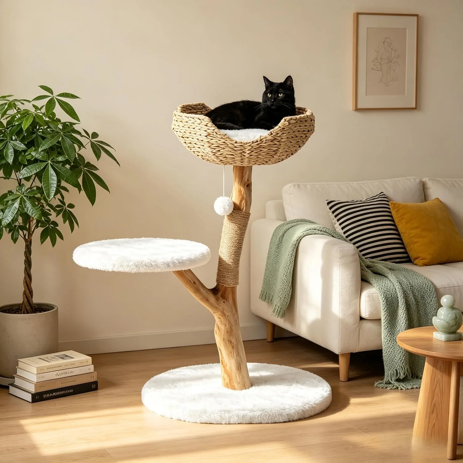 35" Tall Solid Wood Cat Tree, Boho Cat Tower with Cat Ear Wicker Basket Bed with Real Branch Design - Image 5