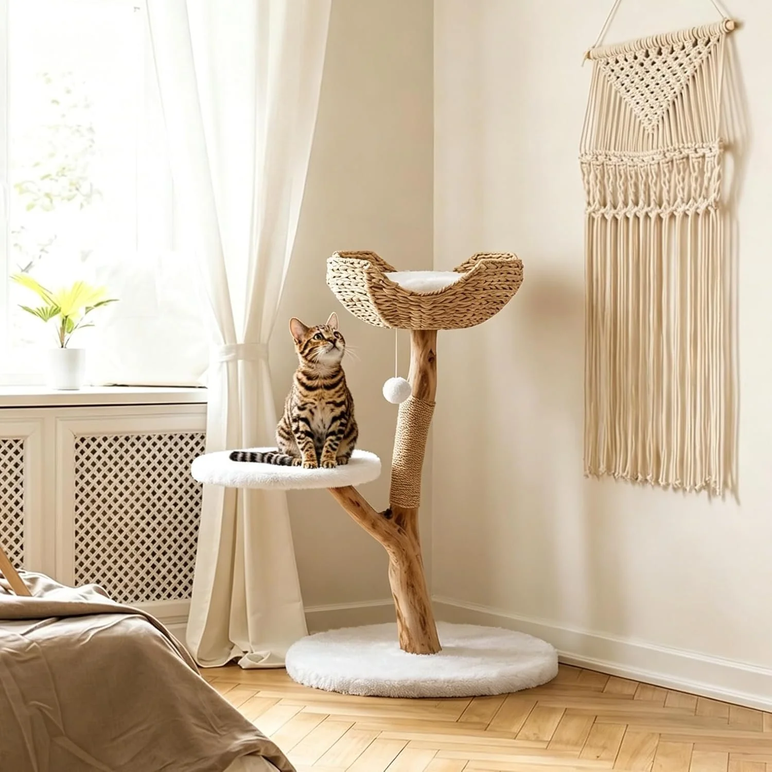 35" Tall Solid Wood Cat Tree, Boho Cat Tower with Cat Ear Wicker Basket Bed with Real Branch Design - Image 7