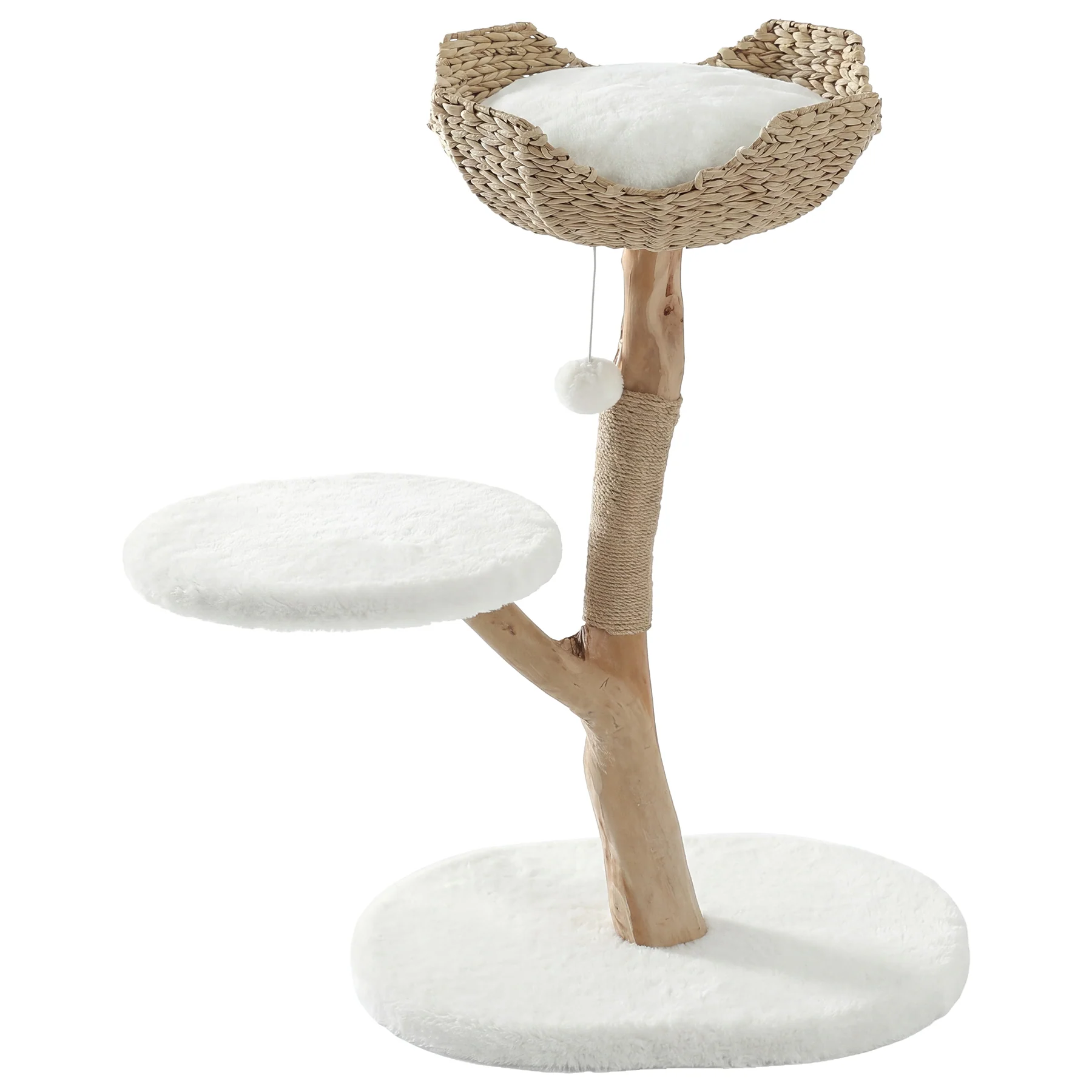 35" Tall Solid Wood Cat Tree, Boho Cat Tower with Cat Ear Wicker Basket Bed with Real Branch Design - Image 8