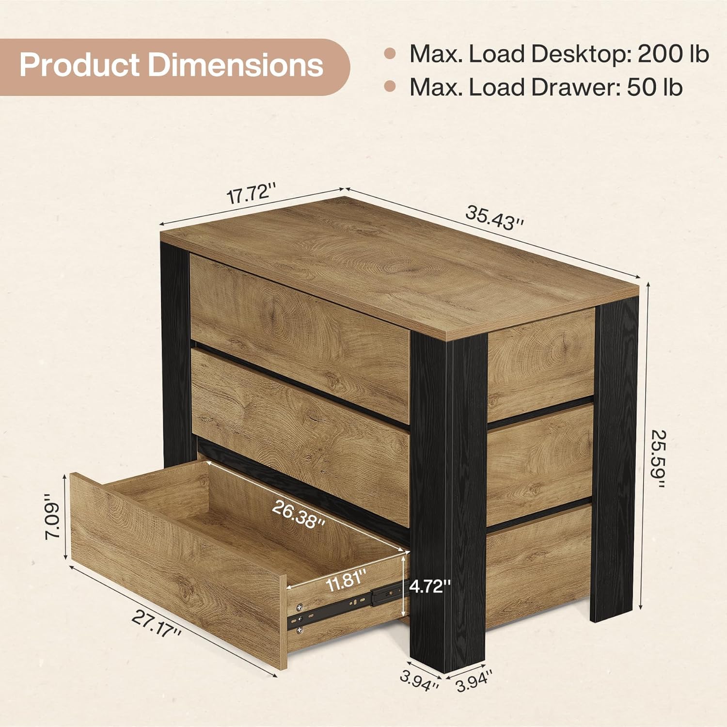 36" Oversized Nightstand, Large Bedside Table with 3 Drawers Storage - Image 2