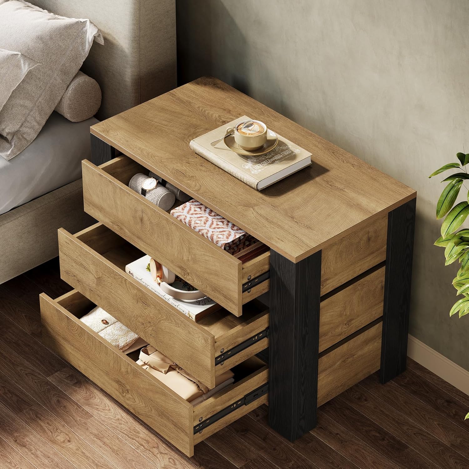 36" Oversized Nightstand, Large Bedside Table with 3 Drawers Storage - Image 6