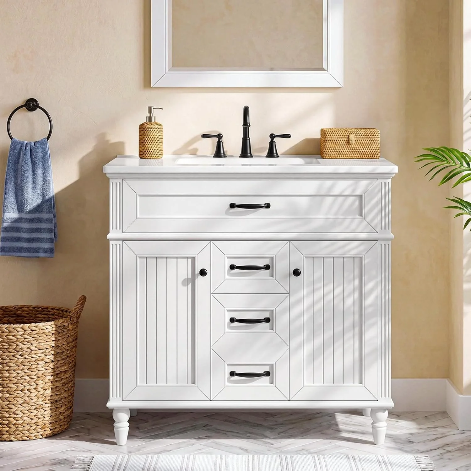 35" Solid Wood Bathroom Vanity, Freestanding Vanity Cabinet with Tip-Out Drawer - Image 11