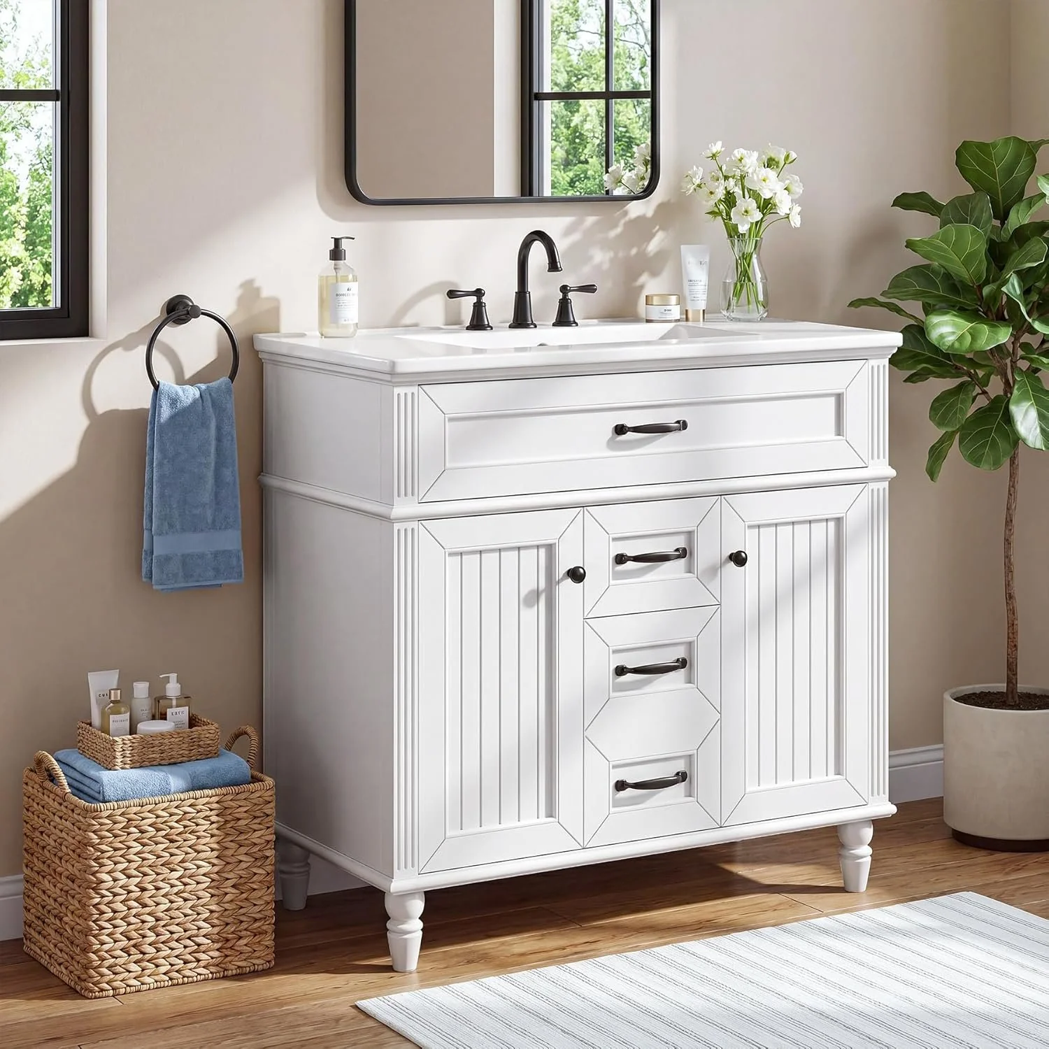 35" Solid Wood Bathroom Vanity, Freestanding Vanity Cabinet with Tip-Out Drawer - Image 12