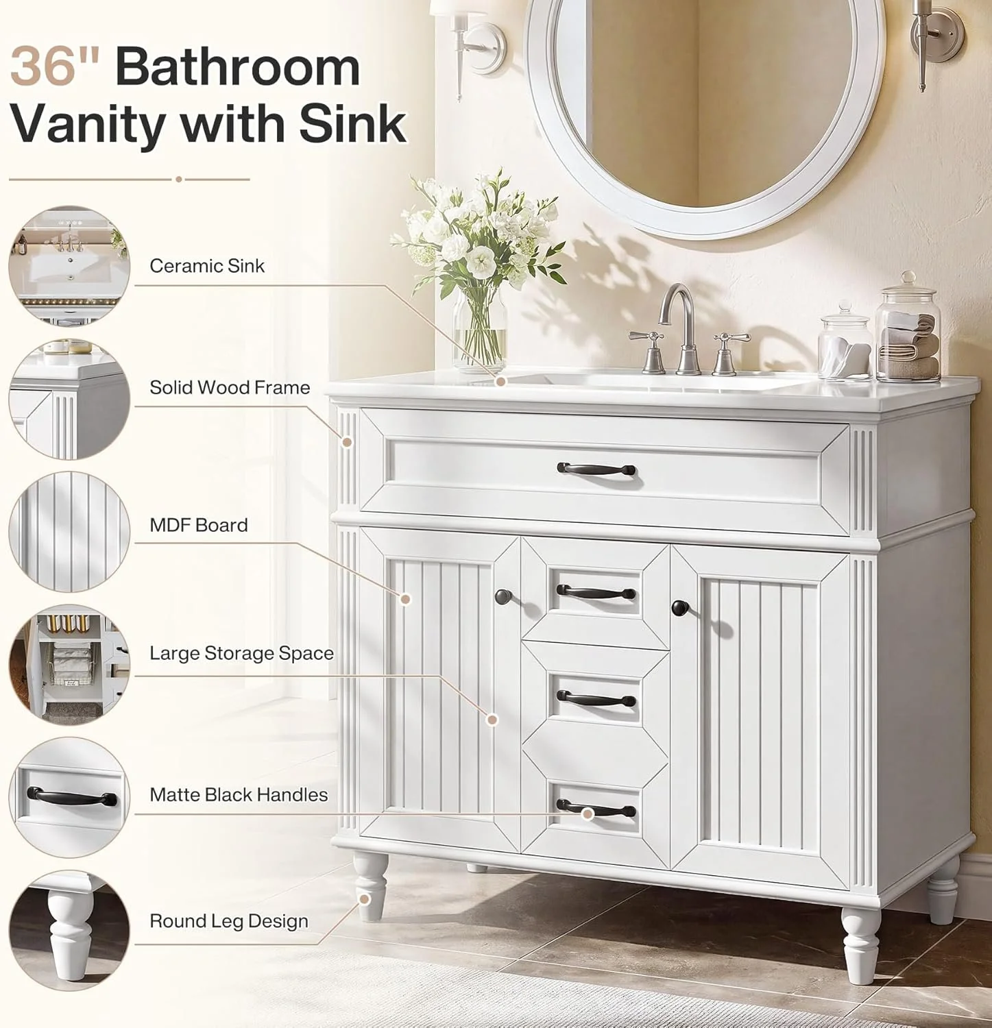 35" Solid Wood Bathroom Vanity, Freestanding Vanity Cabinet with Tip-Out Drawer - Image 5