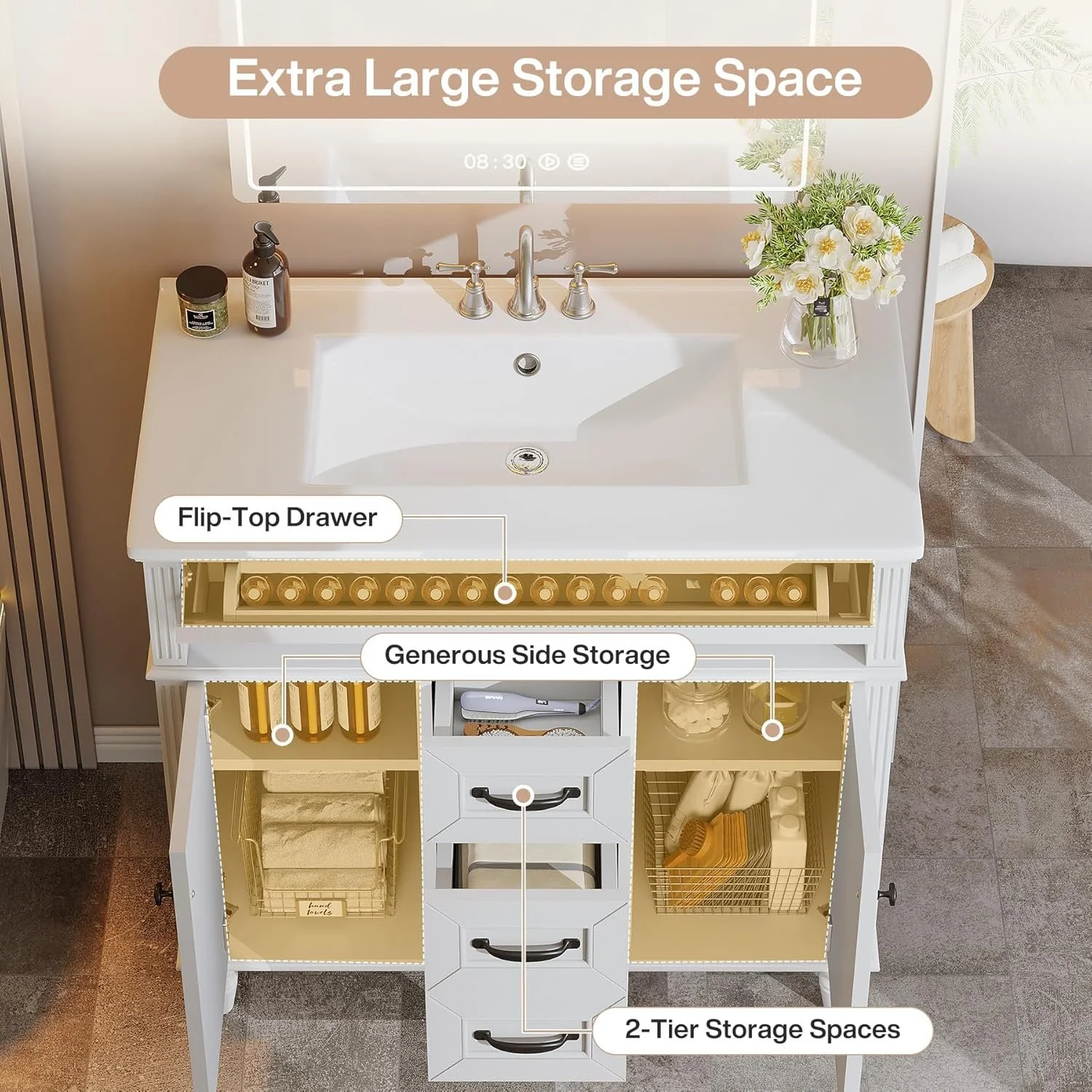 35" Solid Wood Bathroom Vanity, Freestanding Vanity Cabinet with Tip-Out Drawer - Image 6
