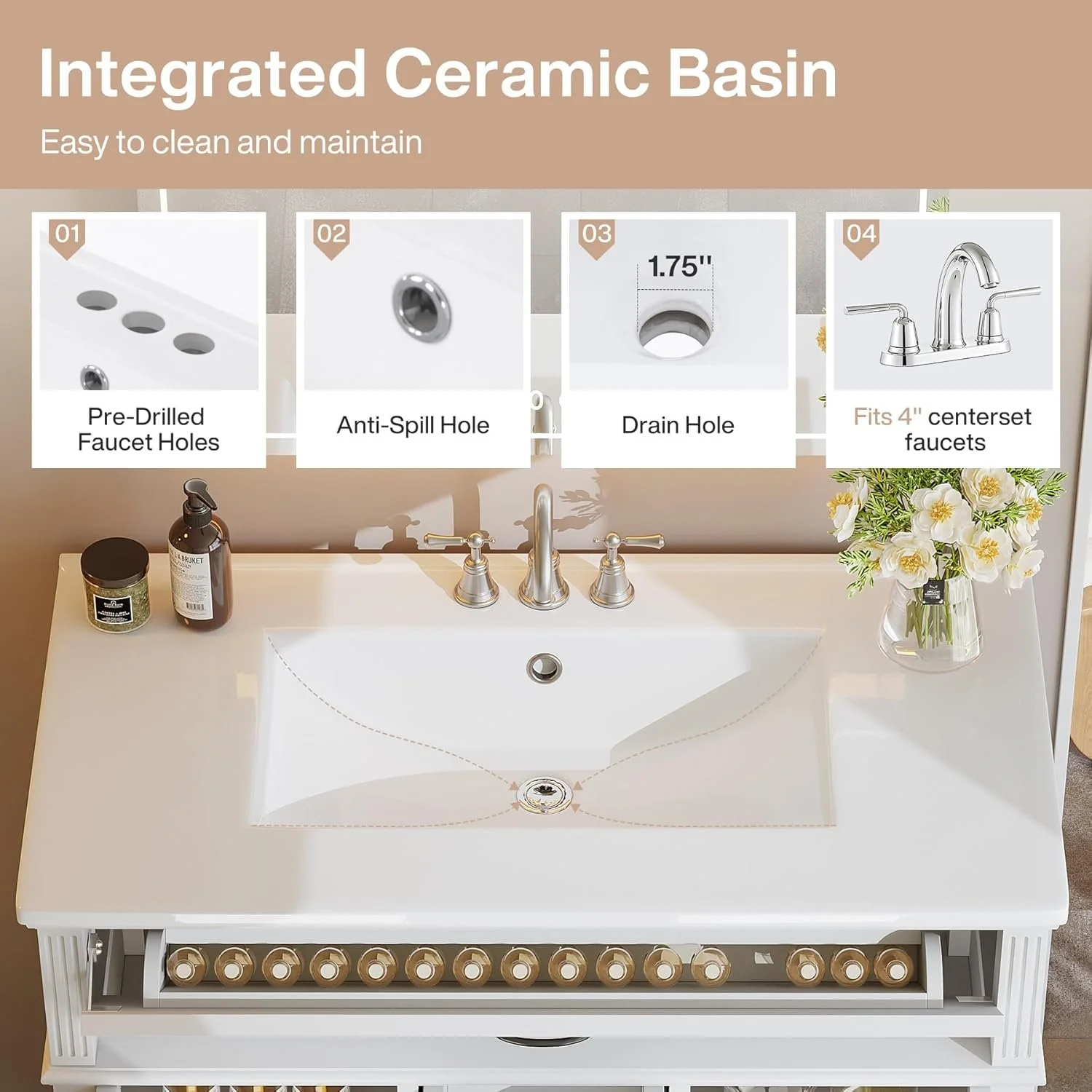 35" Solid Wood Bathroom Vanity, Freestanding Vanity Cabinet with Tip-Out Drawer - Image 8