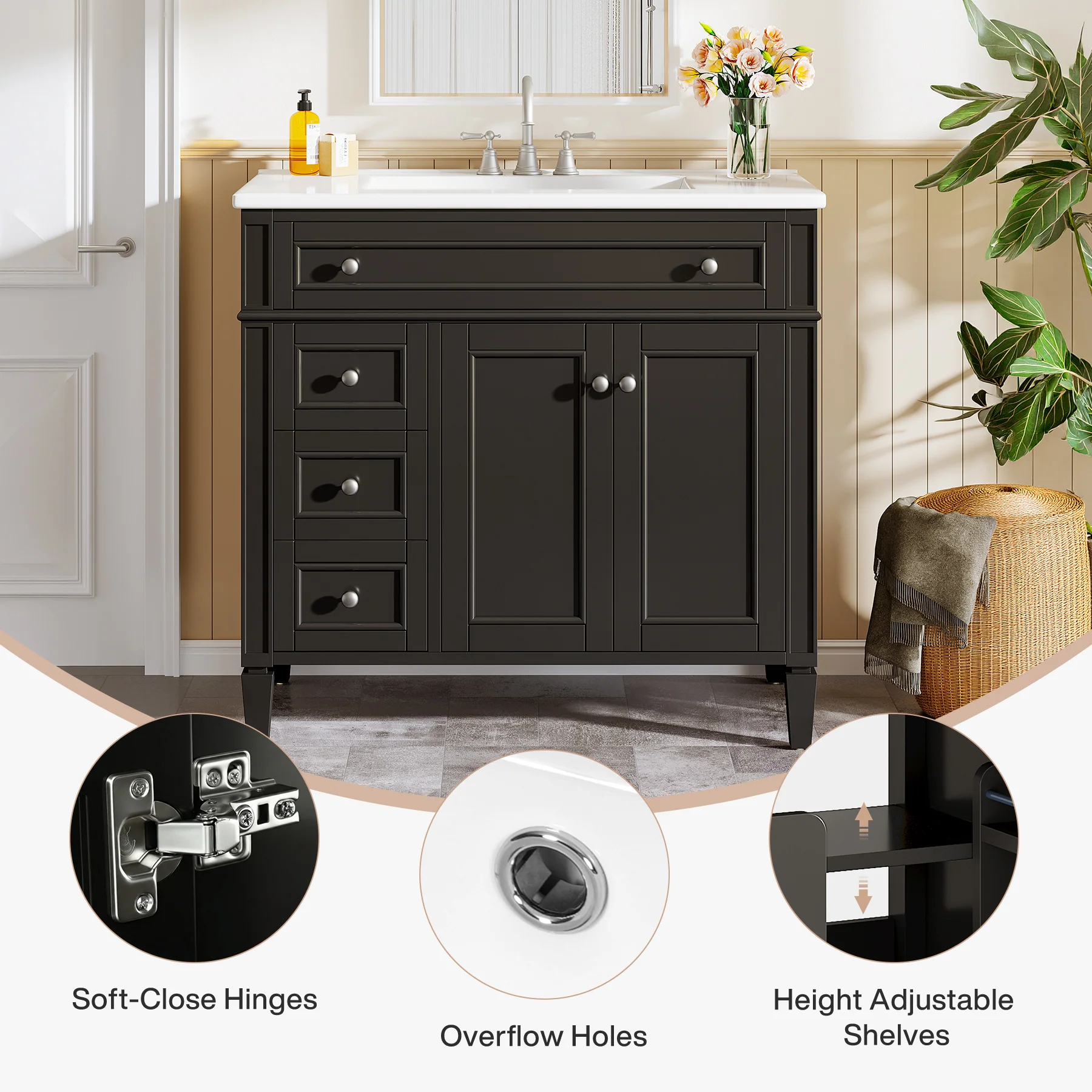 Modern Bathroom Vanity, 36" Bathroom Sink Vanity Cabinet with 3 Drawers - Image 7