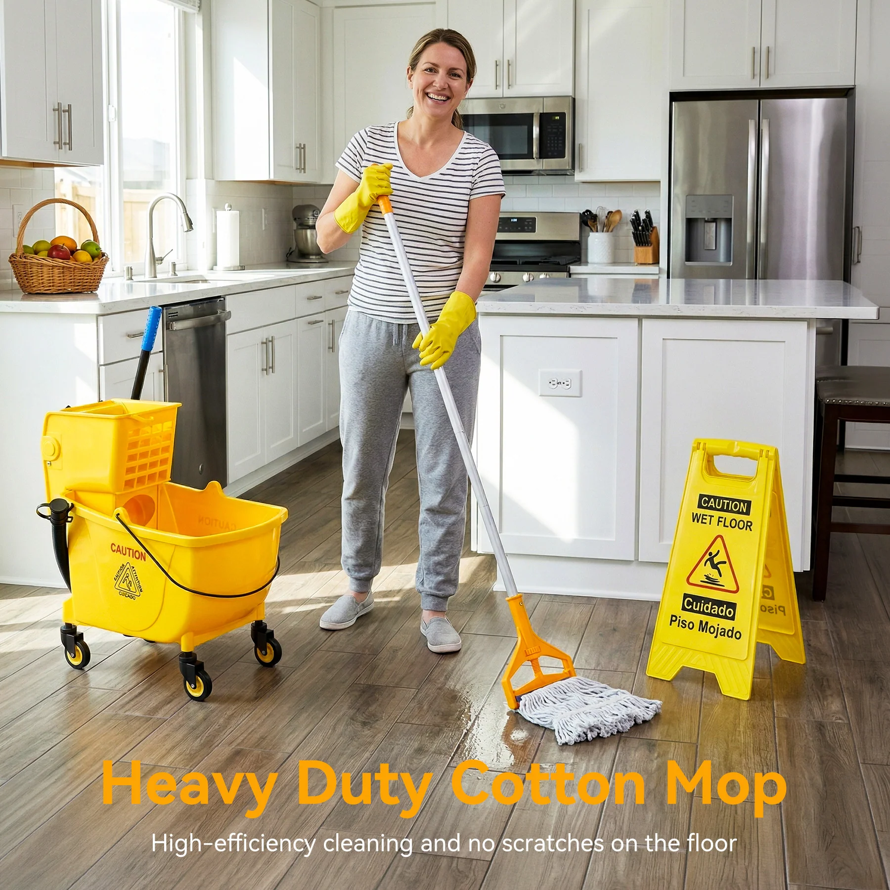 38 Qt Commercial Mop Bucket Set with Wringer, String Mop, Mop Head Refill, Gloves & Caution Sign - Image 3
