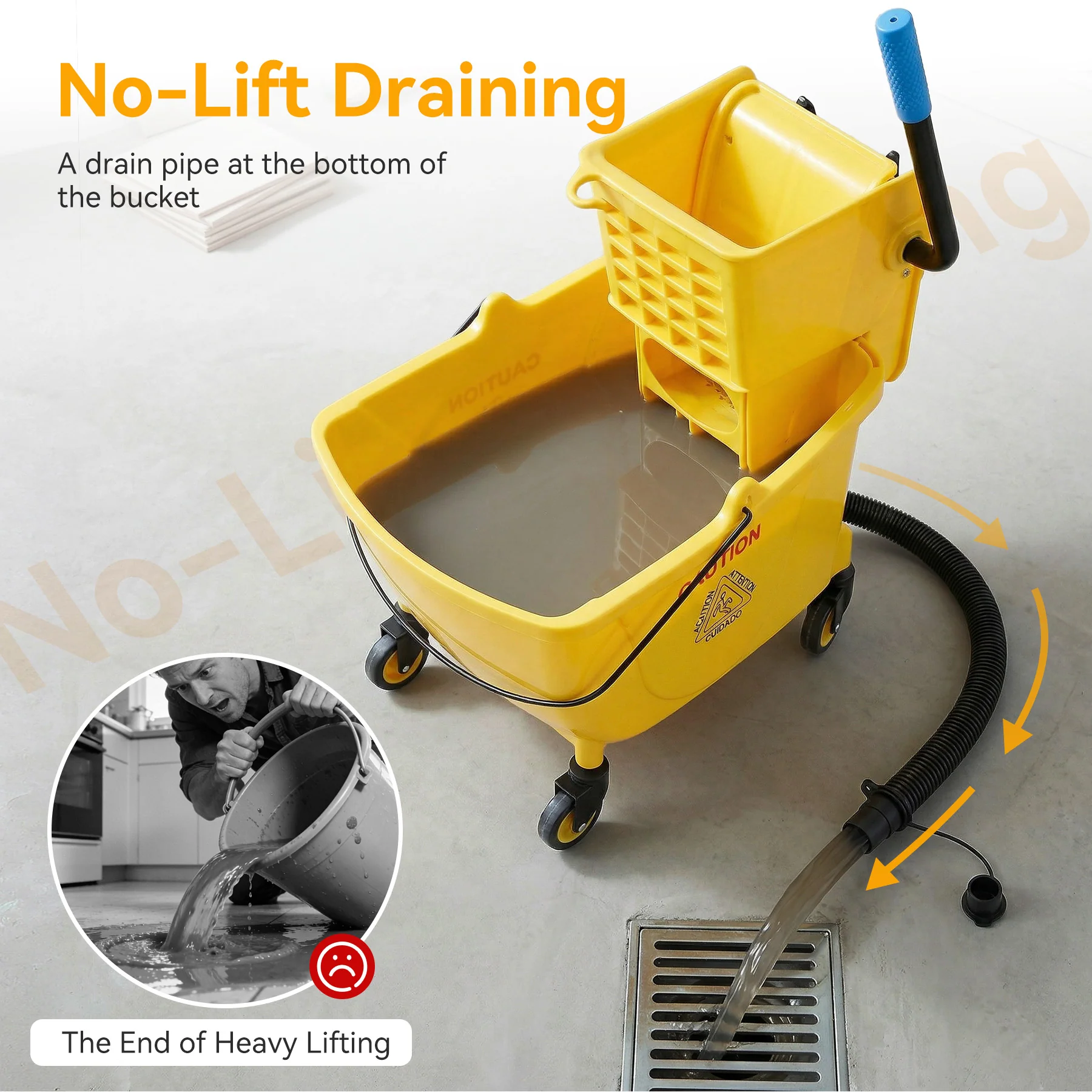 38 Qt Commercial Mop Bucket Set with Wringer, String Mop, Mop Head Refill, Gloves & Caution Sign - Image 4