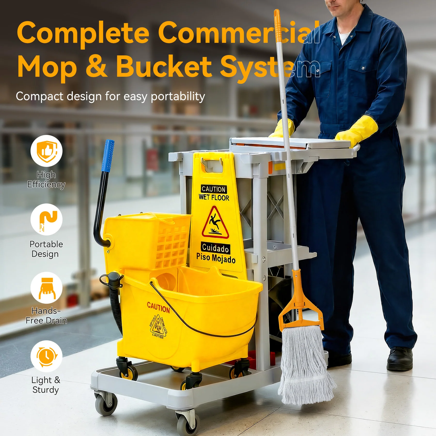 38 Qt Commercial Mop Bucket Set with Wringer, String Mop, Mop Head Refill, Gloves & Caution Sign - Image 5
