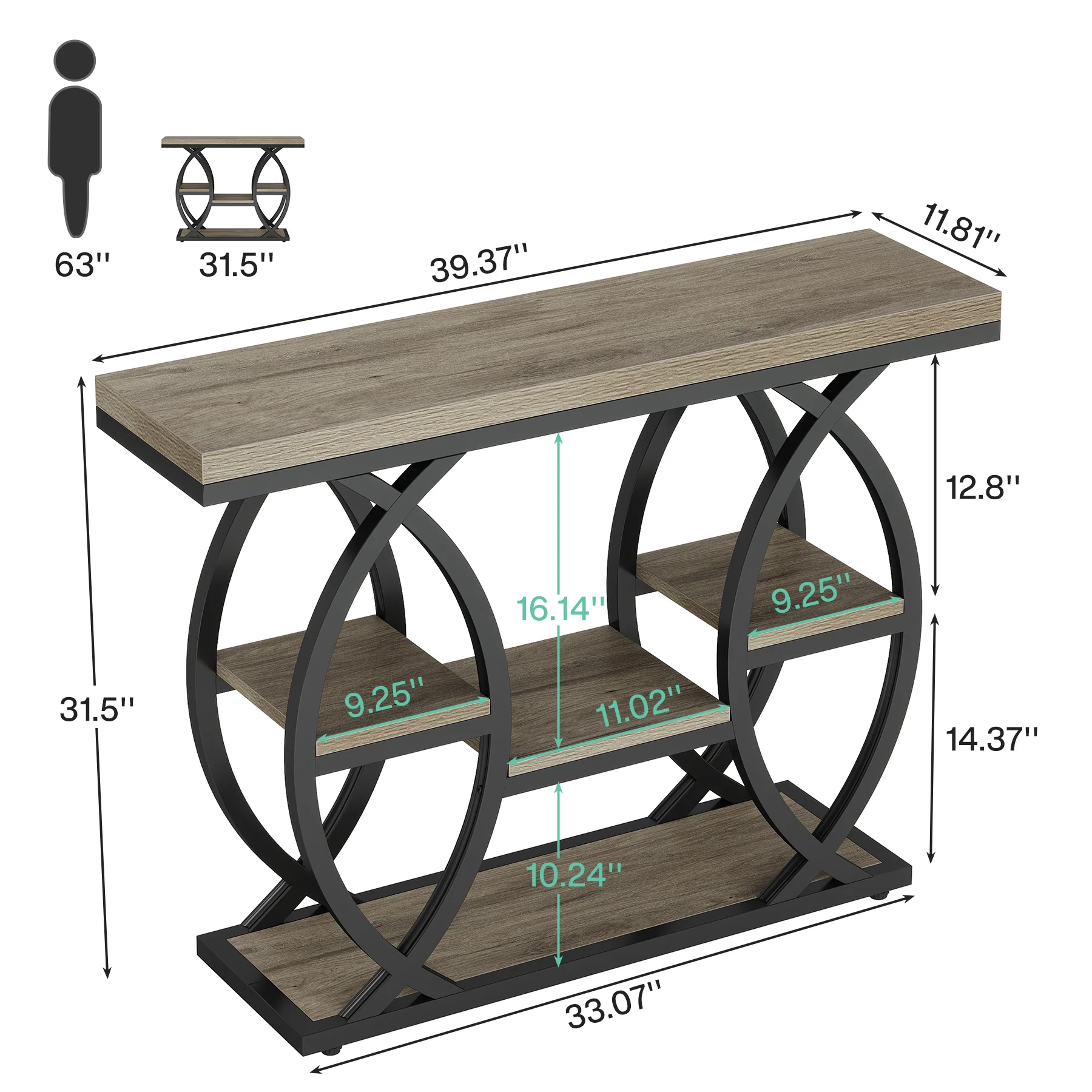 39.4" Console Table, Industrial 4-Tier Sofa Table Entryway Table with Storage Shelves - Image 10