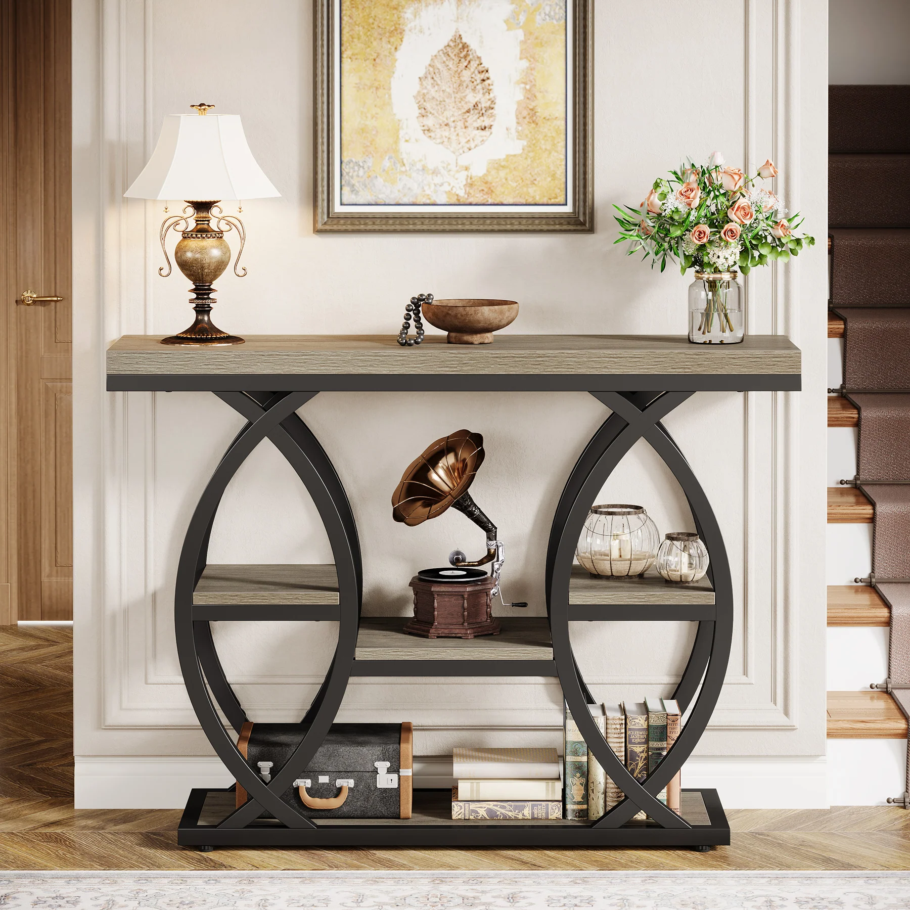 39.4" Console Table, Industrial 4-Tier Sofa Table Entryway Table with Storage Shelves - Image 12