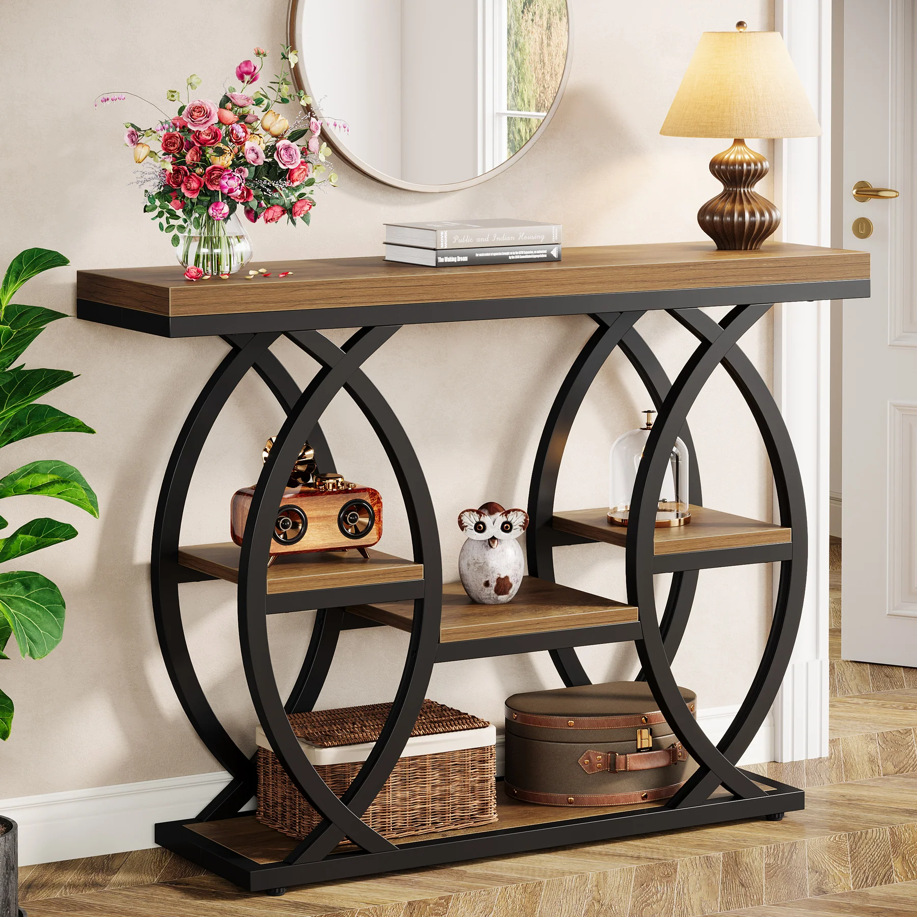 39.4" Console Table, Industrial 4-Tier Sofa Table Entryway Table with Storage Shelves - Image 27