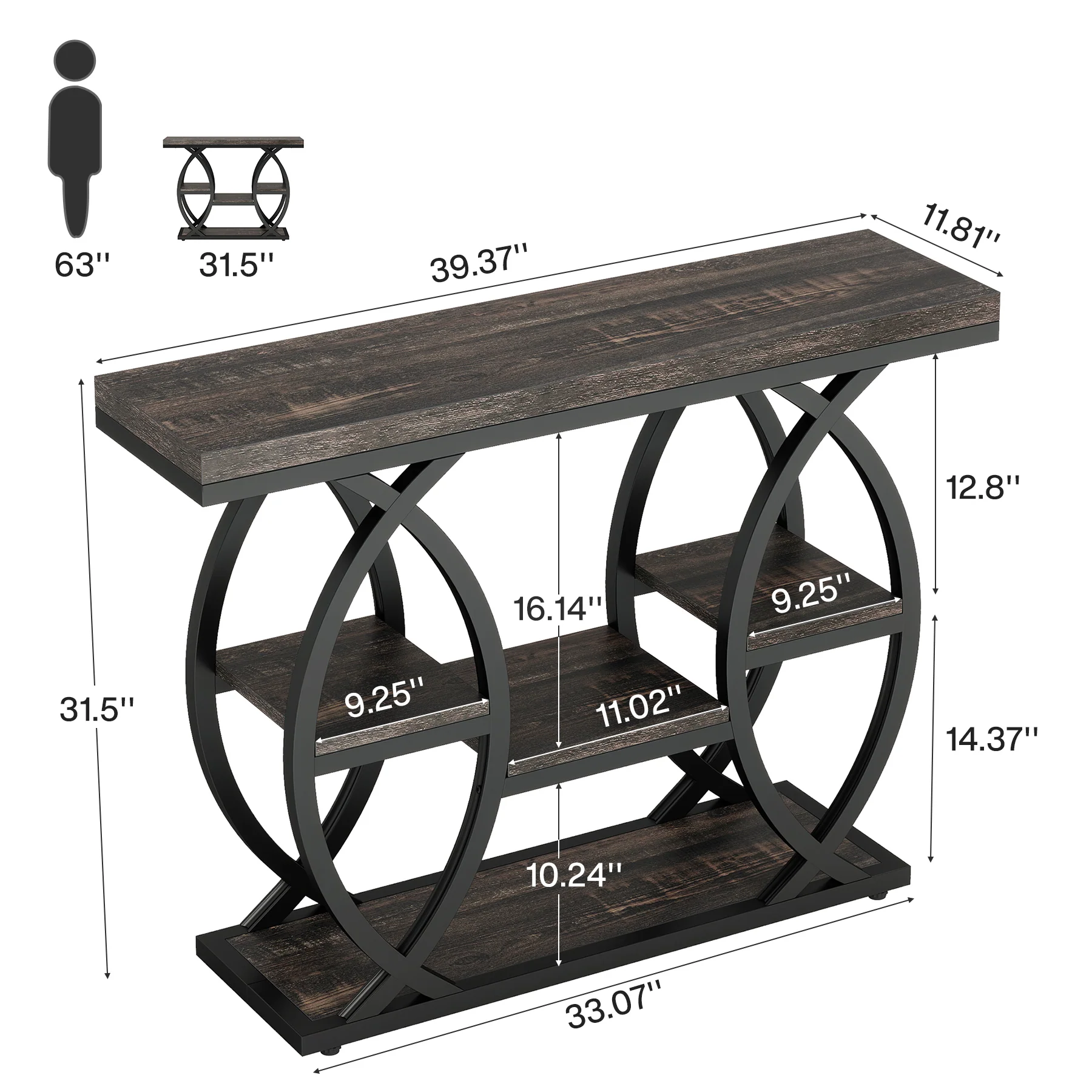 39.4" Console Table, Industrial 4-Tier Sofa Table Entryway Table with Storage Shelves - Image 46