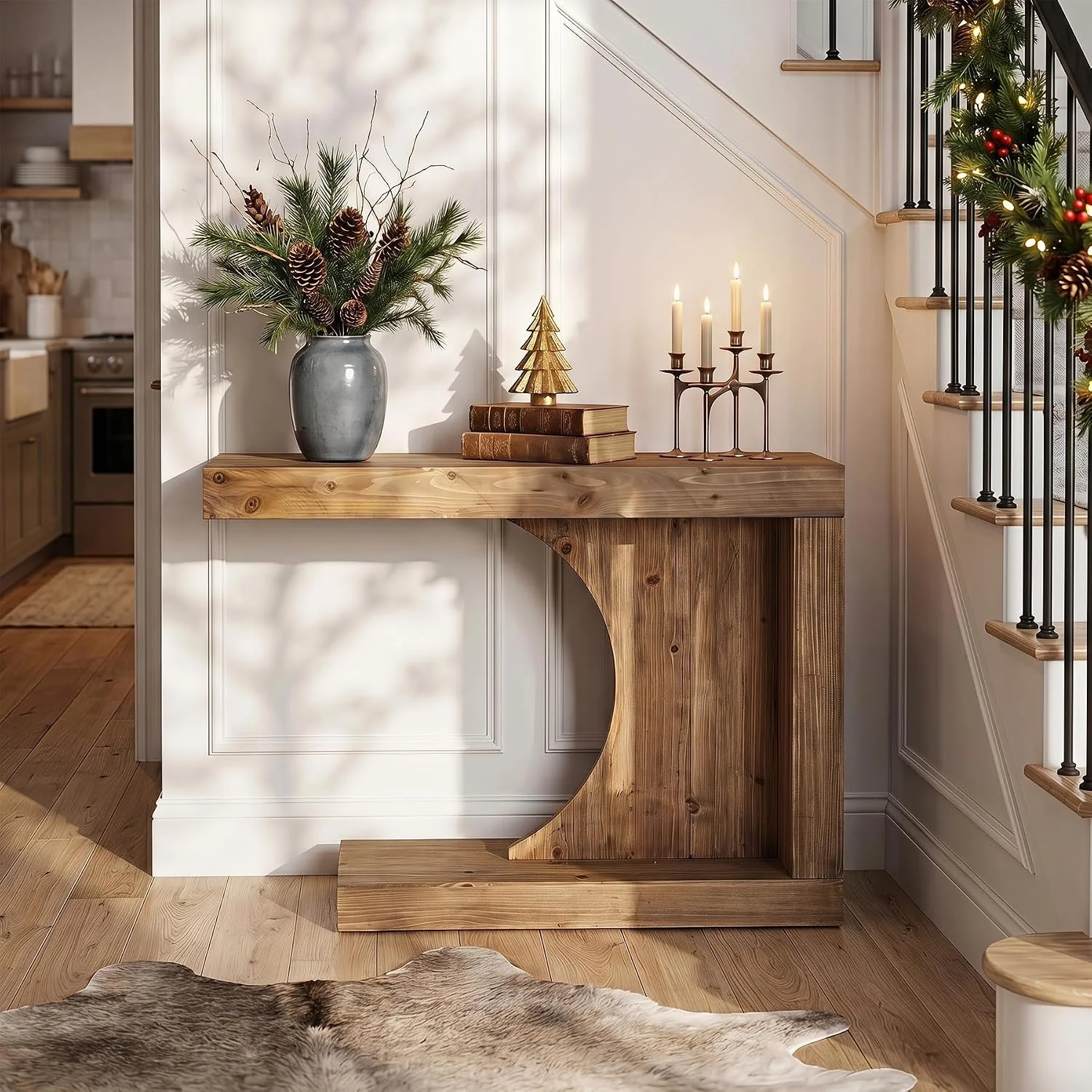 39.4" C-Shaped Console Table, Solid Wood Modern Entryway Accent Table for Living Room - Image 4