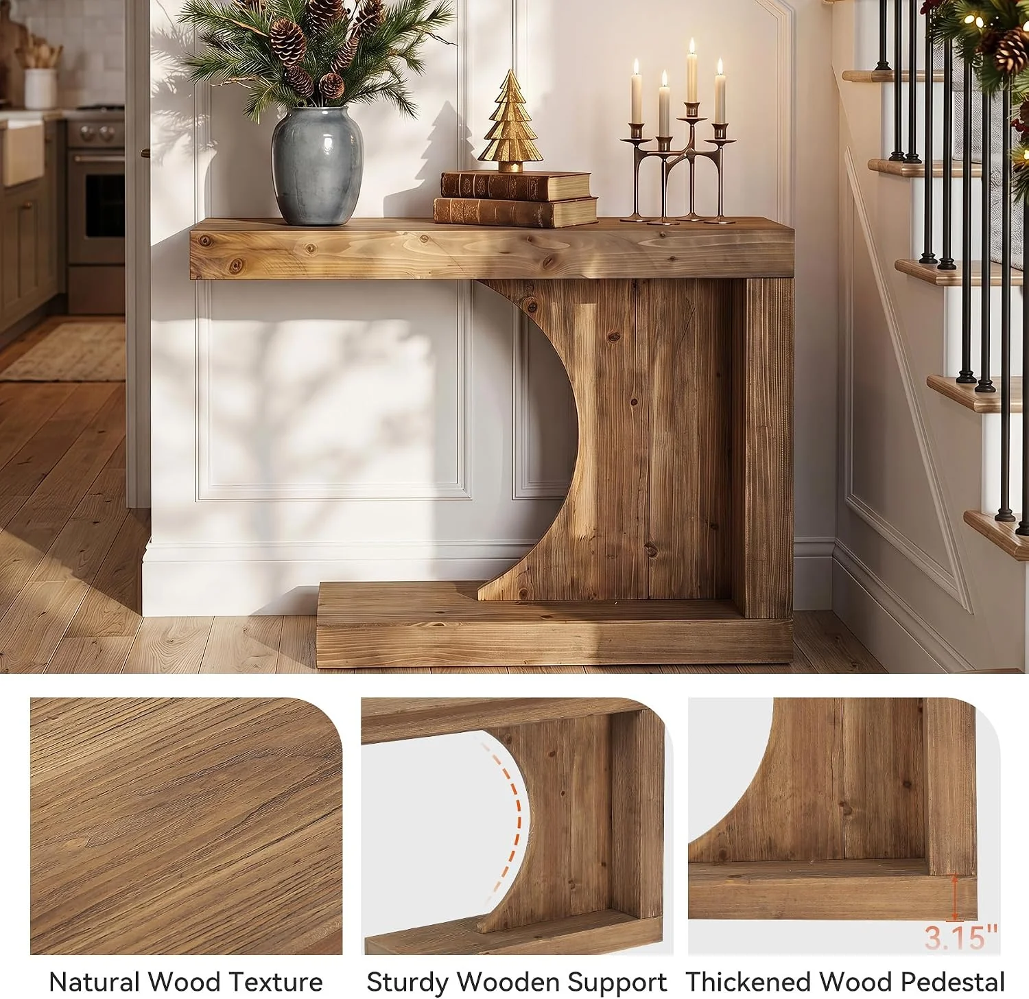 39.4" C-Shaped Console Table, Solid Wood Modern Entryway Accent Table for Living Room - Image 5
