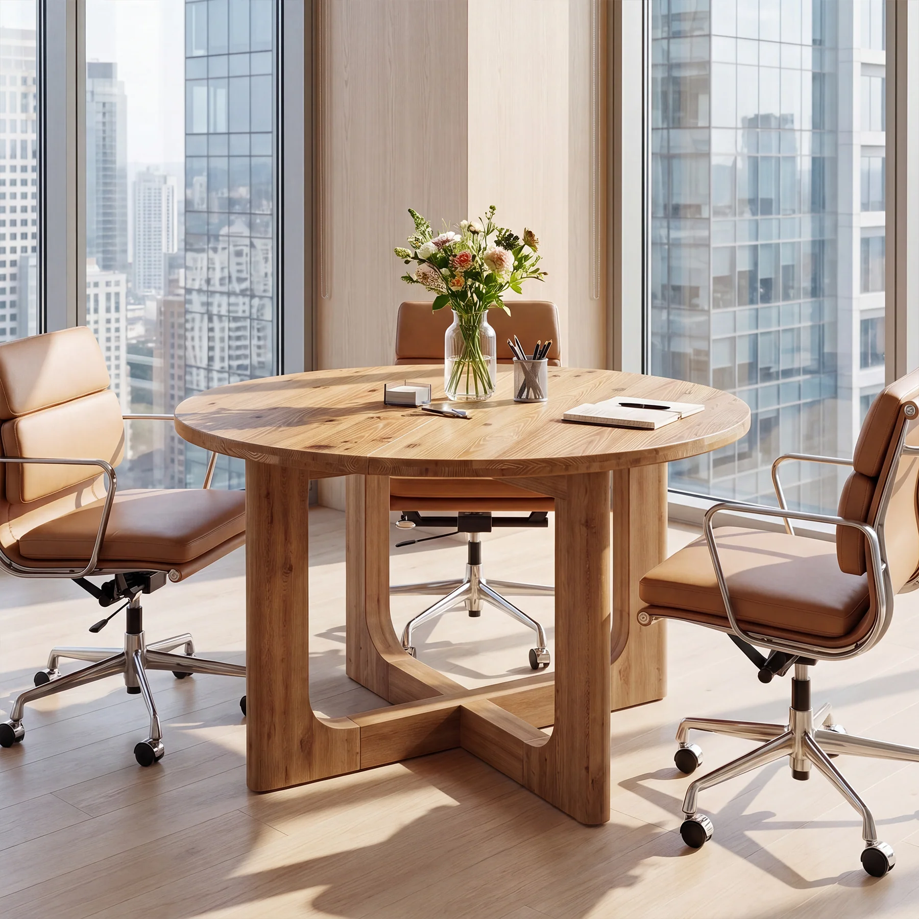 Round Solid Wood Conference Table, 39.4" Meeting Table with Cross Base for Office - Image 3